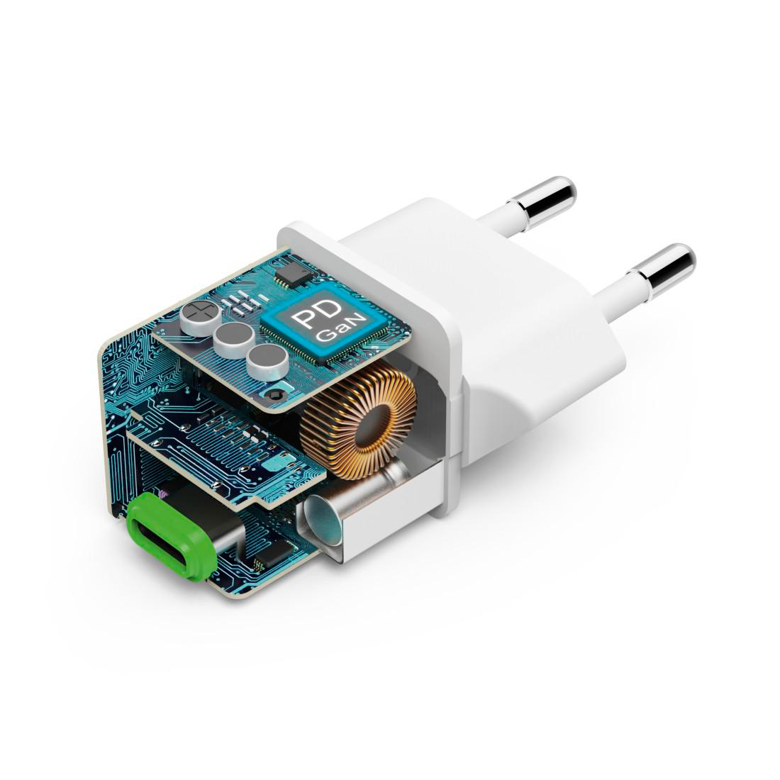 Ein weißer Netzstecker mit offenem Gehäuse, der die Leiterplatte und Komponenten zeigt.