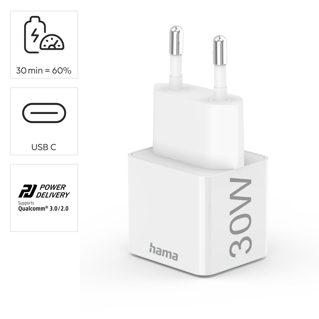 Weißer 30W USB-C-Netzadapter mit Power Delivery und Qualcomm-Unterstützung.