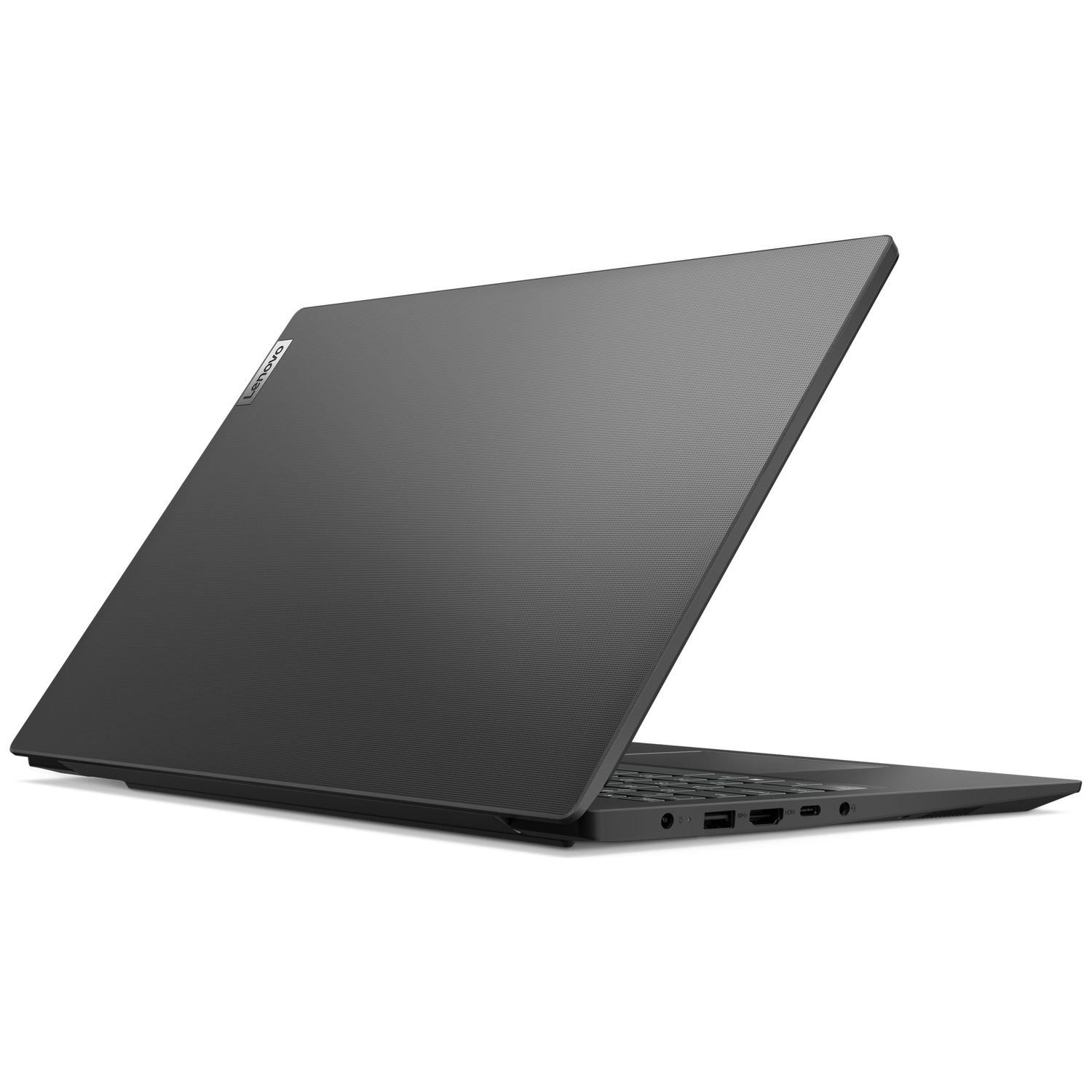 Een gesloten, donkere Lenovo laptop op een witte achtergrond met USB-C en HDMI-poorten.