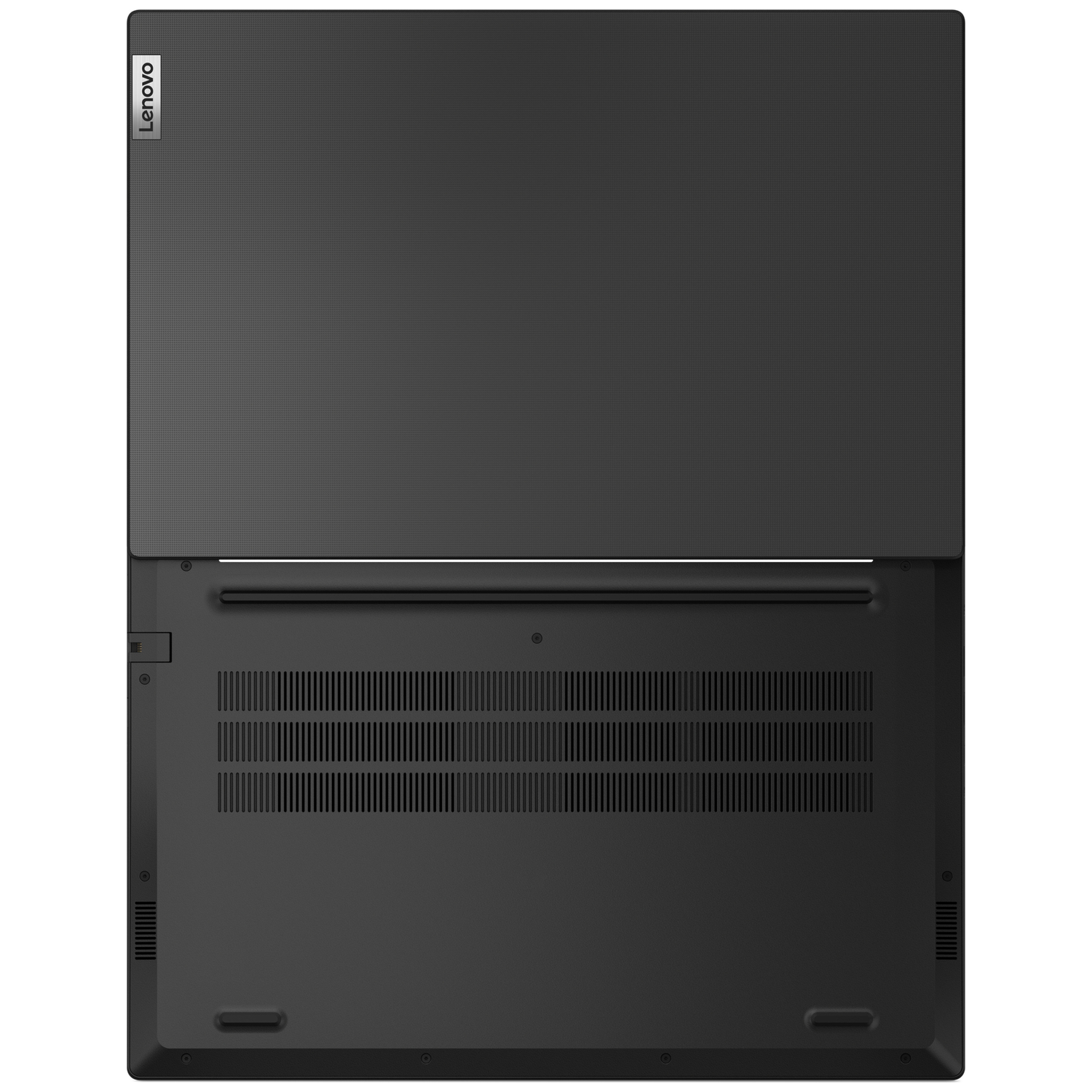 Onderkant van een gesloten zwarte laptop met Lenovo-logo.