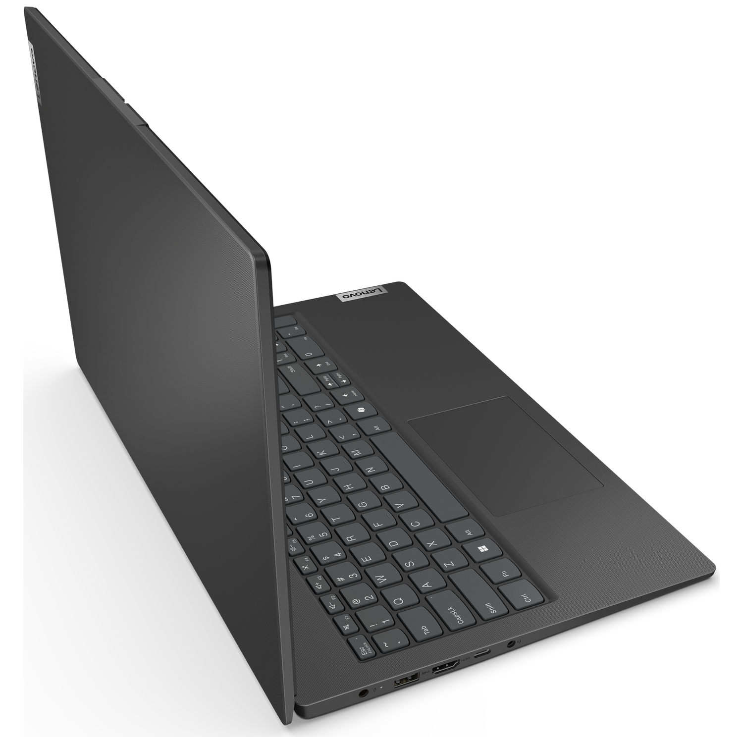 Een donkere Lenovo laptop is open, met zichtbaar toetsenbord en touchpad.