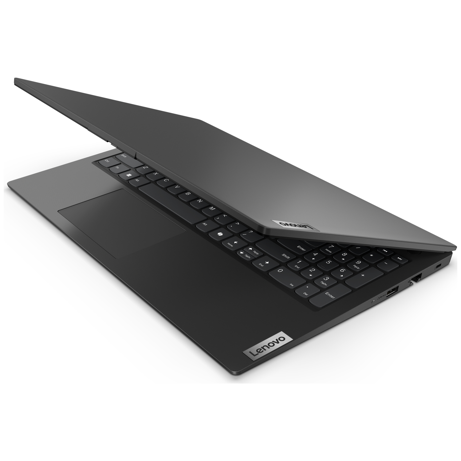 Een gesloten grijze Lenovo laptop met toetsenbord en trackpad.