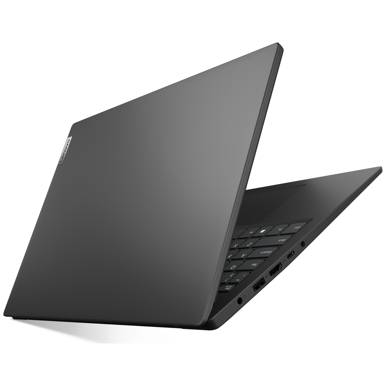 Een gesloten, donkere Lenovo laptop met een gegroefd patroon op de klep.