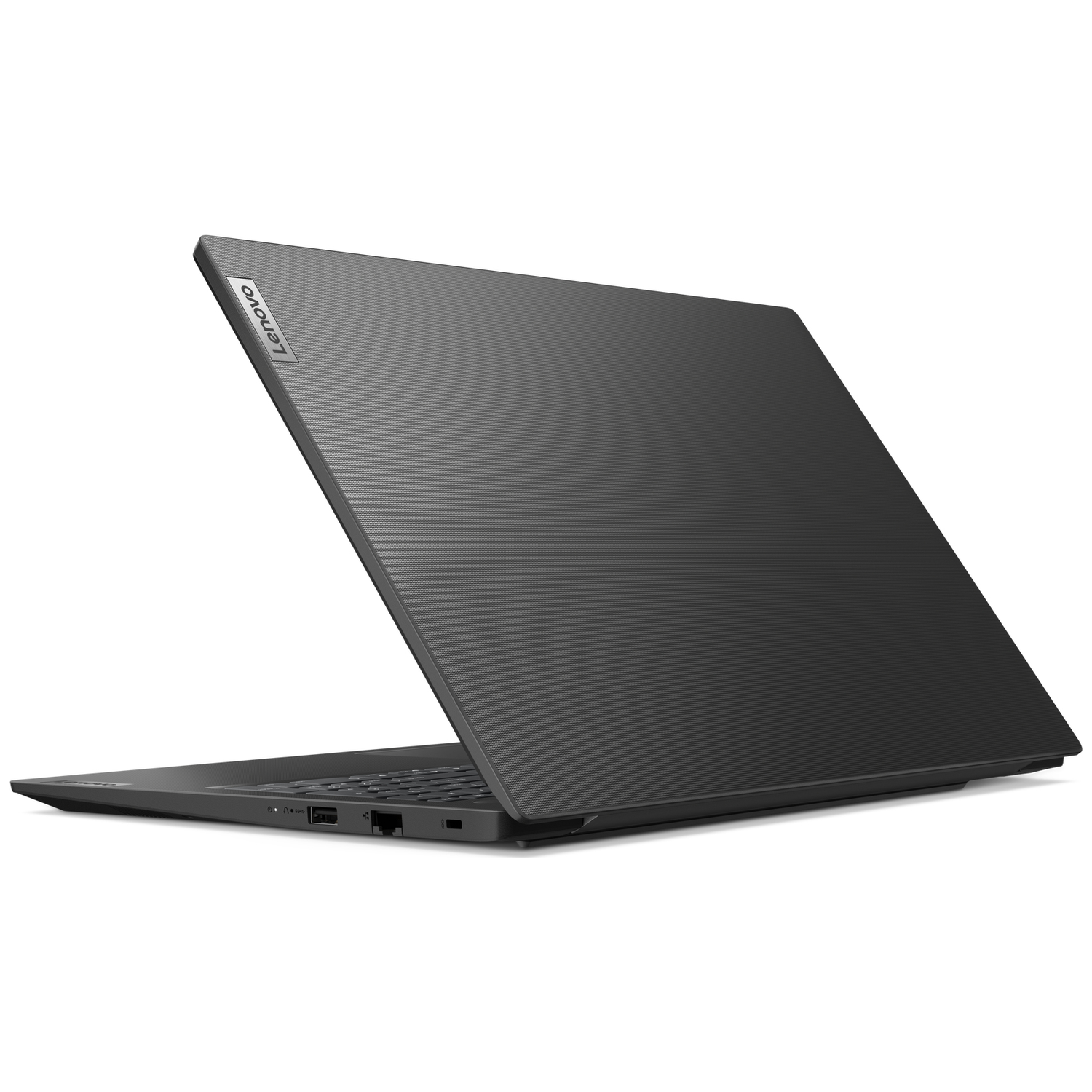 Een zwarte Lenovo laptop wordt van een schuine zijaanzicht getoond, met het deksel open. Het getextureerde deksel heeft het Lenovo logo. Poorten zichtbaar aan de zijkant.
