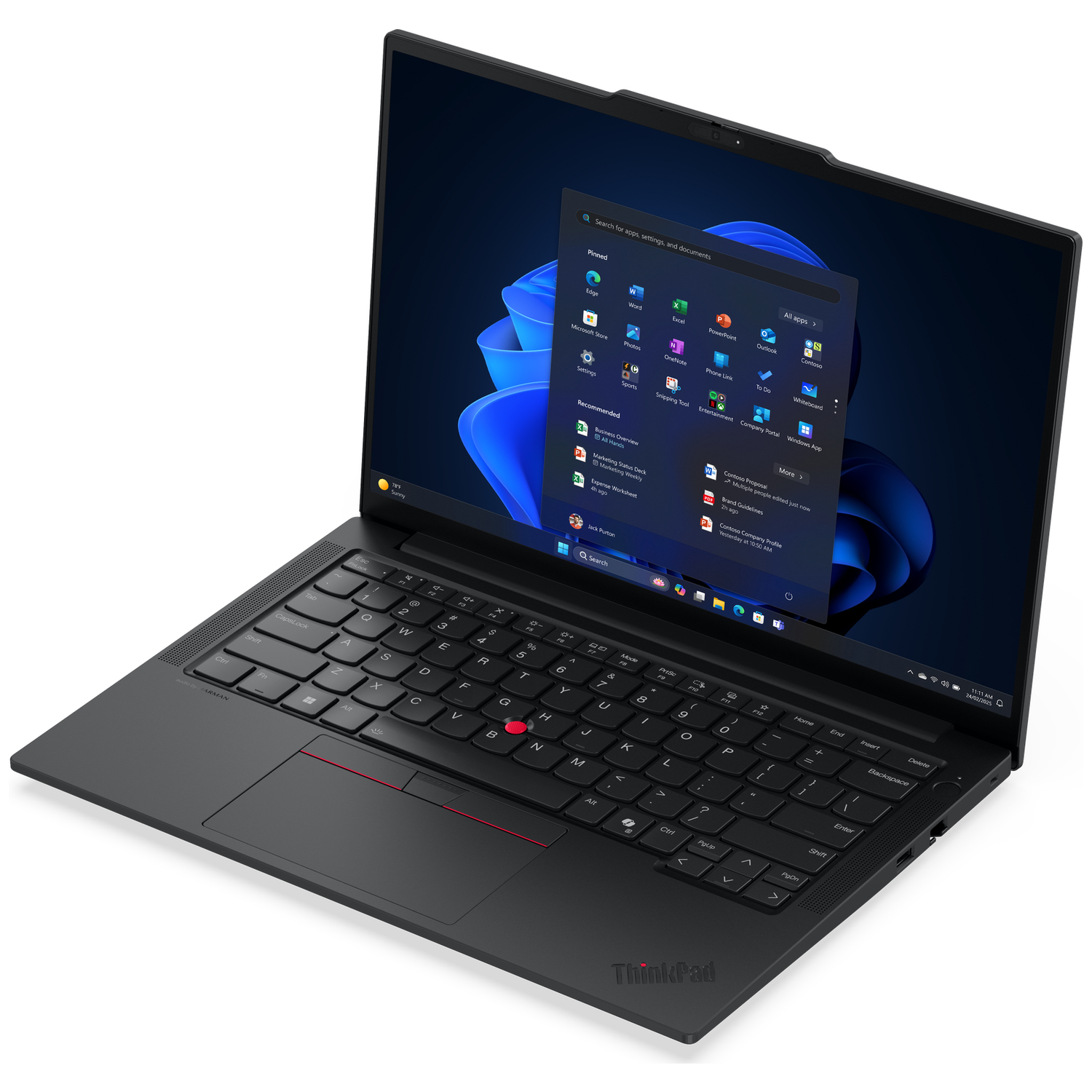 Zwarte laptop met verlicht toetsenbord en geopend Windows 11 startmenu.