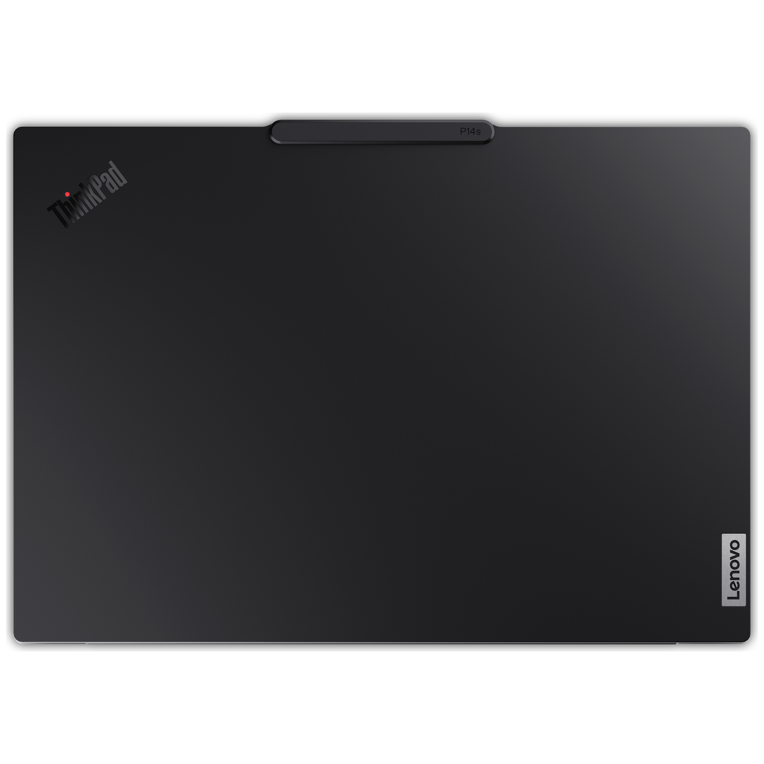 Black ThinkPad laptop with silver Lenovo logo and P14s labeling.