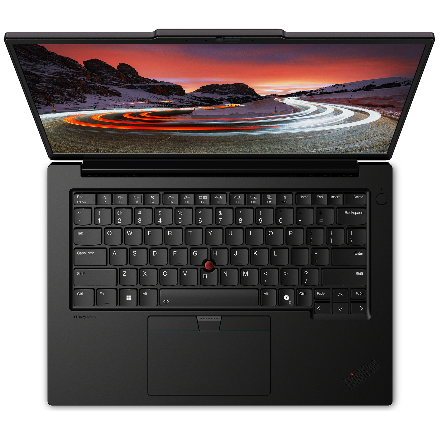 An open black laptop displaying a scenic mountain landscape on its screen.