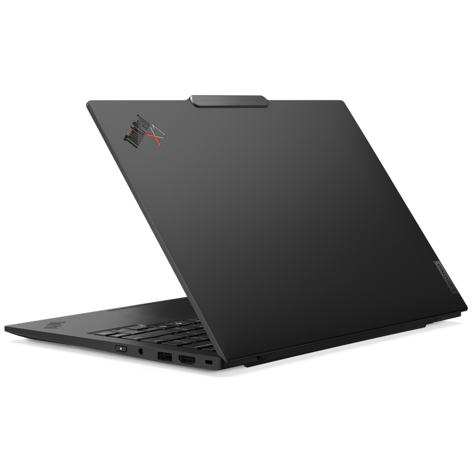 Zwarte Lenovo ThinkPad X1 laptop, van linksachter getoond, met toetsenbord.