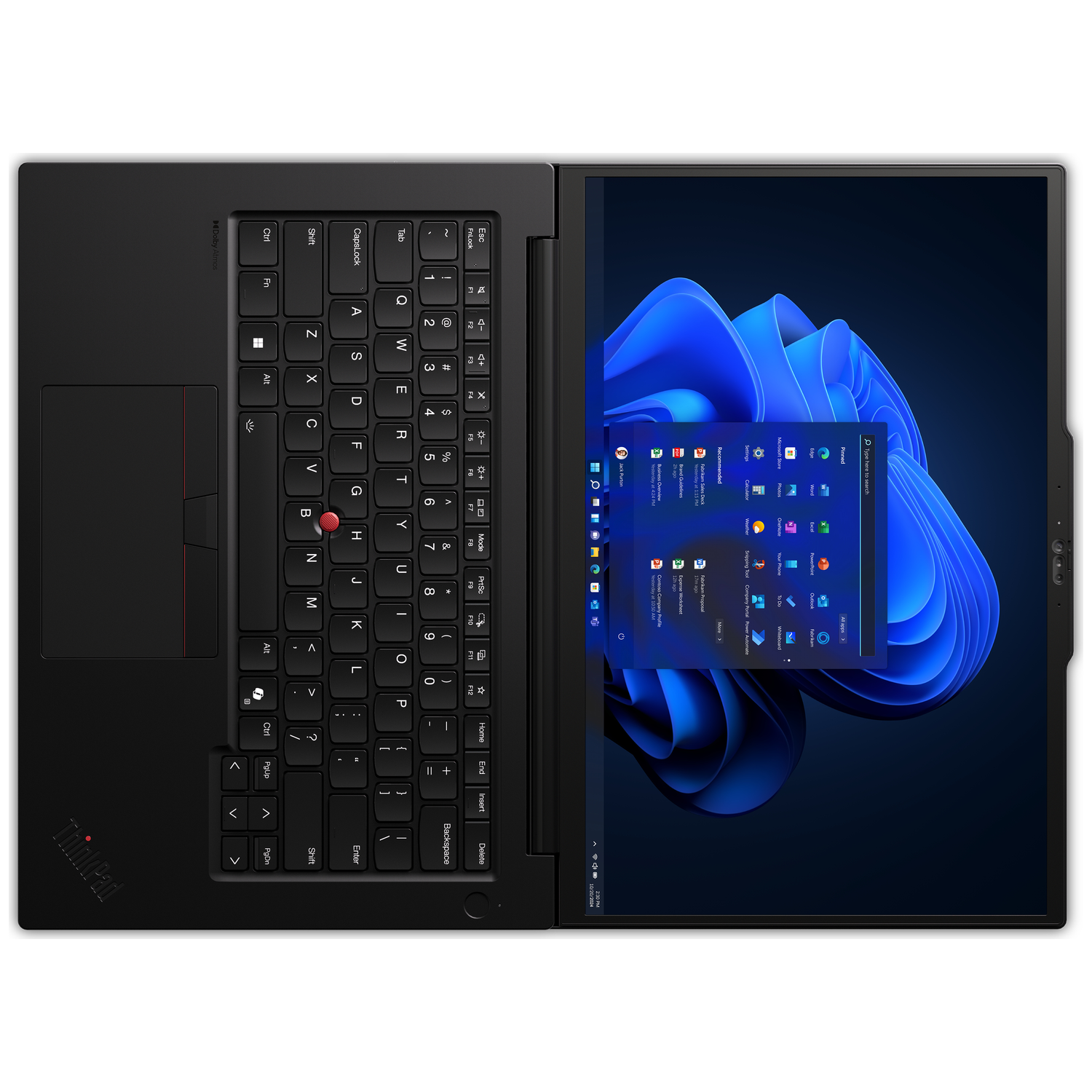 A black laptop with a backlit keyboard and the Windows 11 start screen.