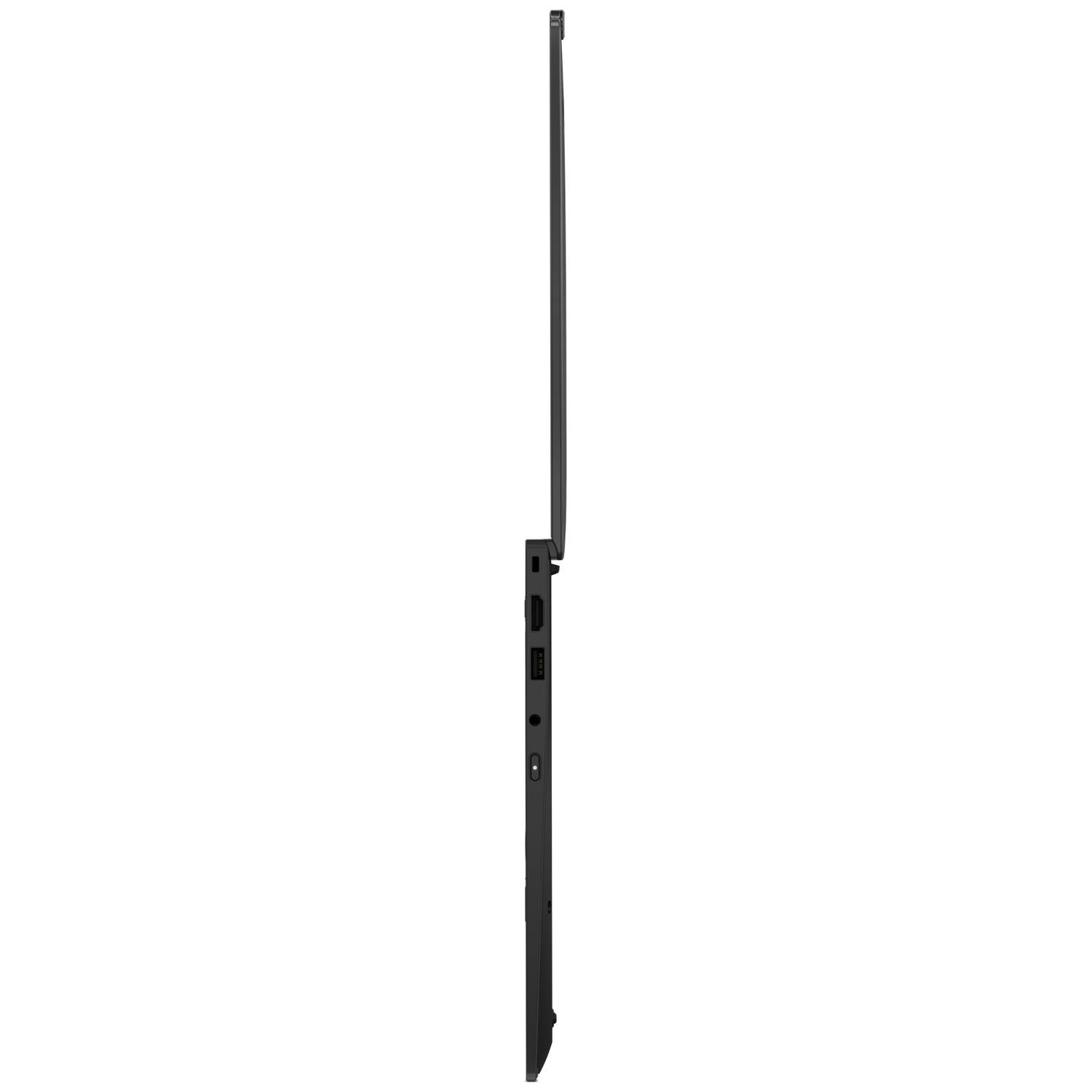 Zwarte laptop in profiel, met zichtbare poorten aan de zijkant.