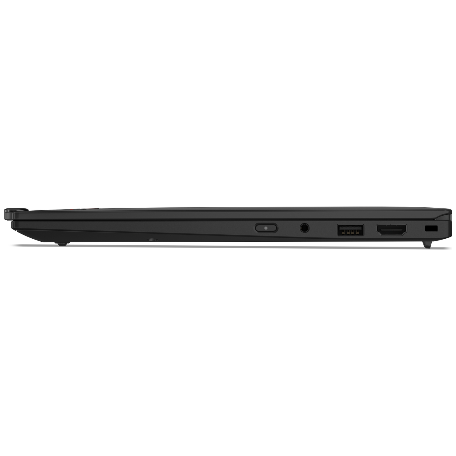Zwarte laptopzijkant met poorten: USB, HDMI, stroom.
