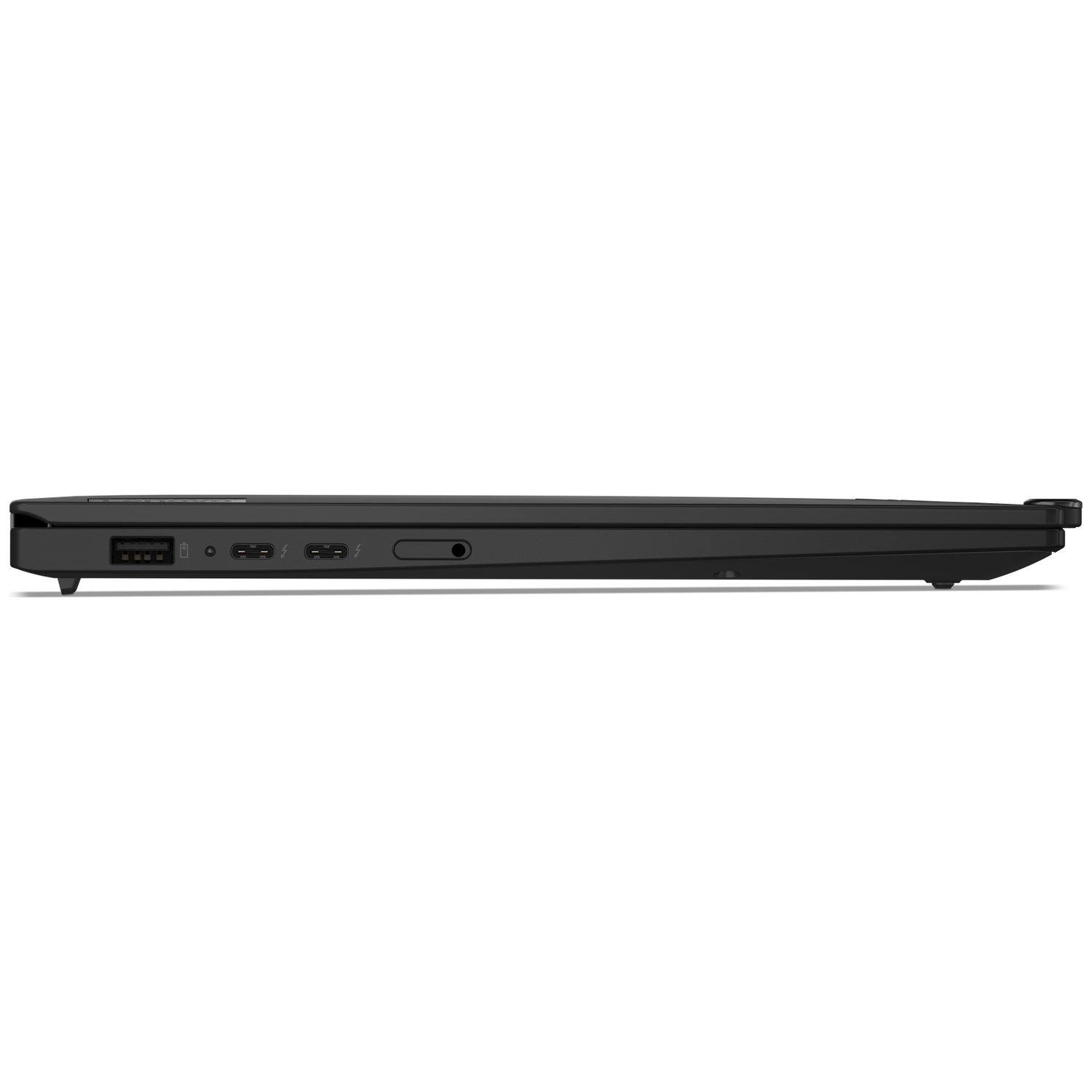 Zijkant van een zwarte laptop met poorten: USB, 2x Thunderbolt, audio-aansluiting.