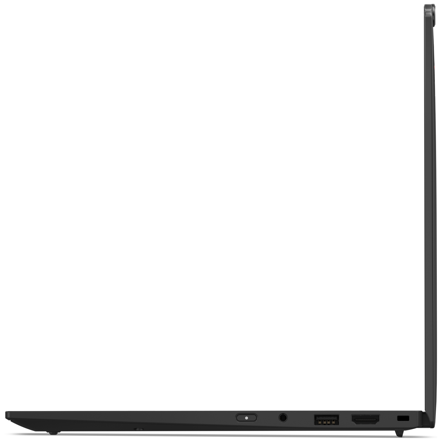 Zijaanzicht van een gesloten zwarte laptop met poorten. Slank profiel.