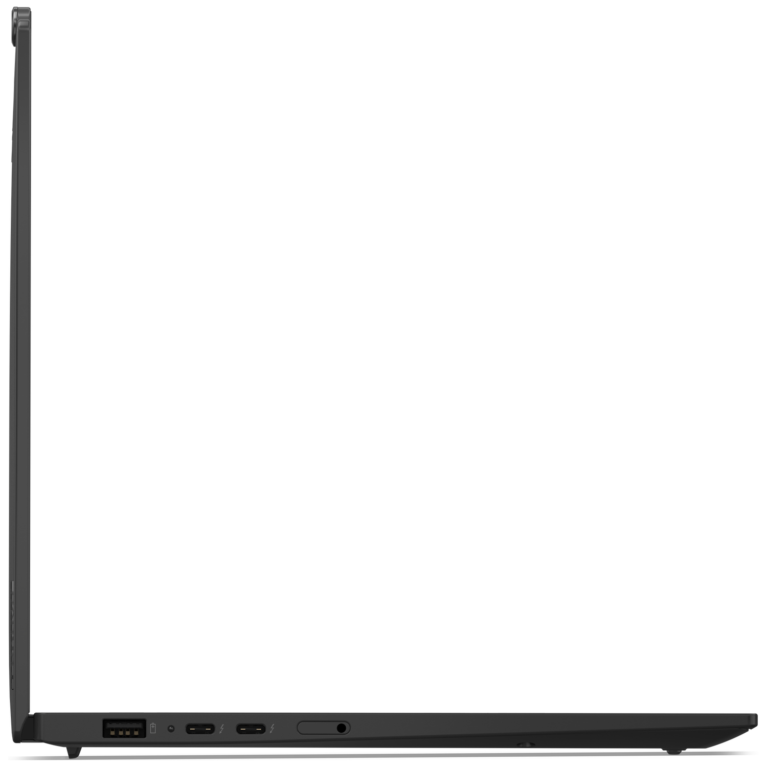 Zijaanzicht van een zwarte laptop met poorten: USB-A, voeding, 2x USB-C.