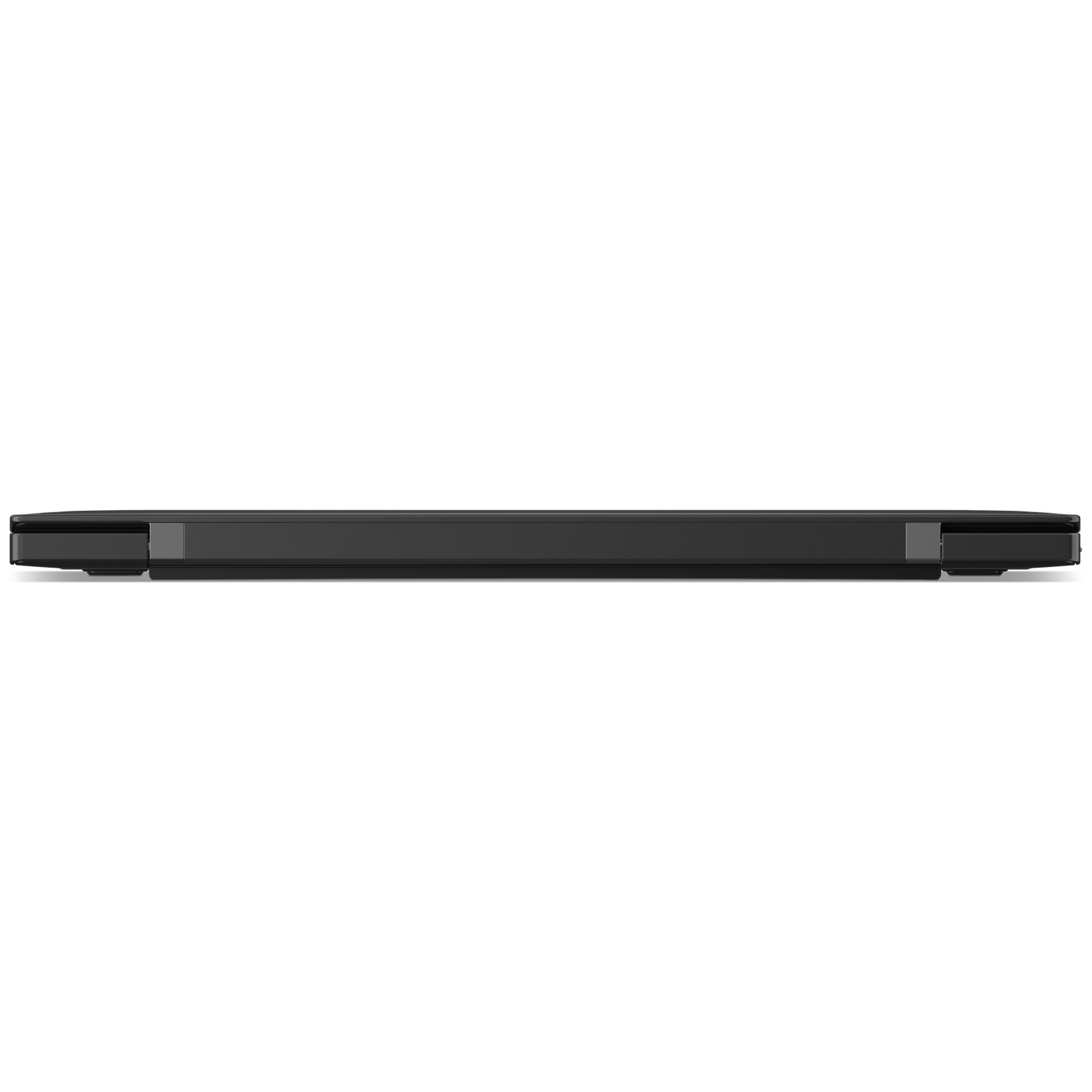 Een gesloten zwarte laptop, van de zijkant gezien. Op een witte achtergrond.