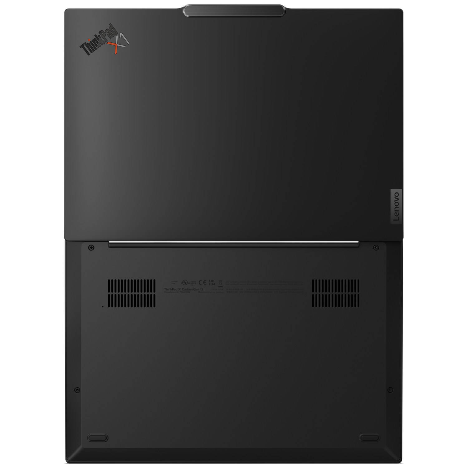 Een gesloten zwarte Lenovo ThinkPad X1 Carbon laptop, van onderen gezien.