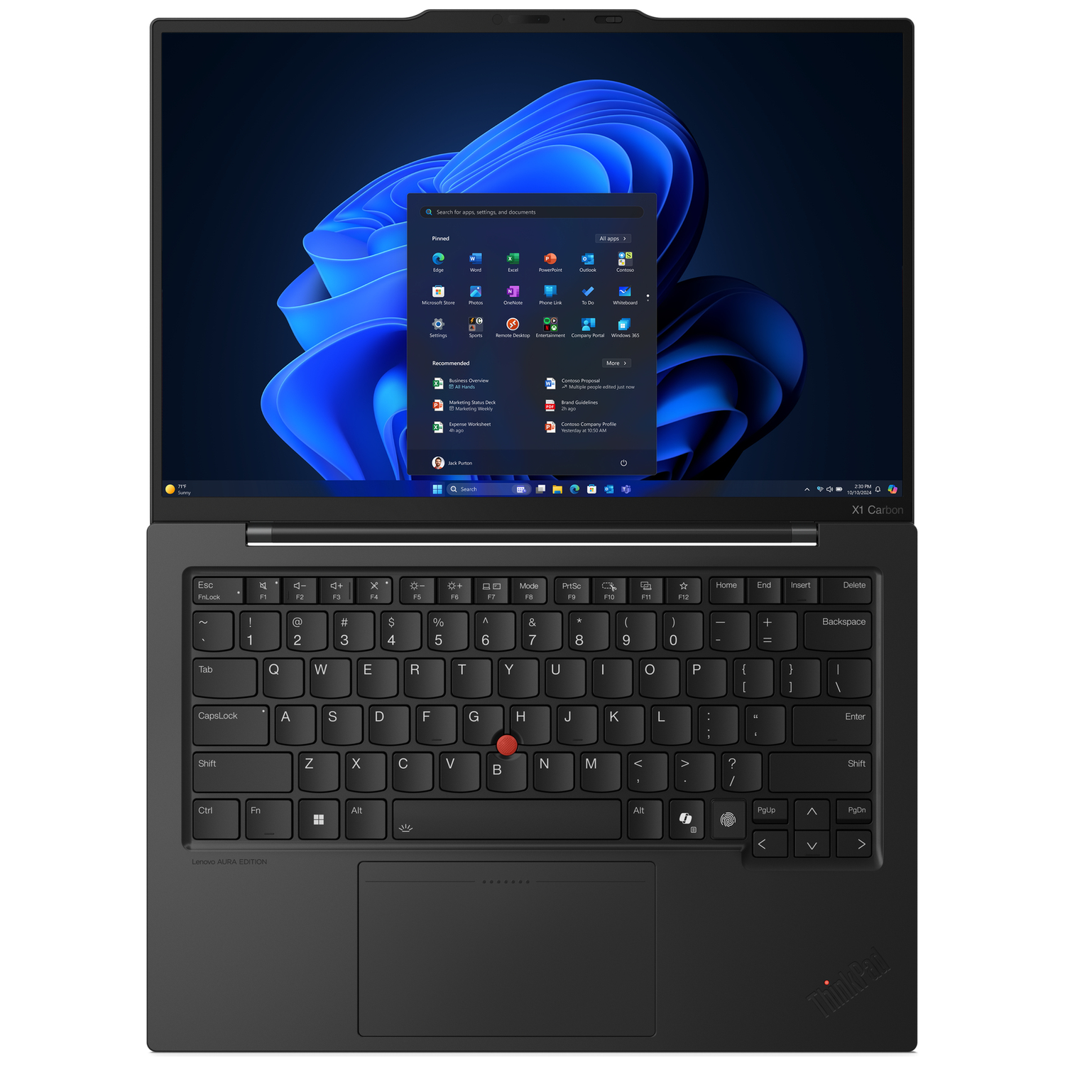 Een zwarte laptop met een geopend Windows 11 Startmenu en een blauw behang.