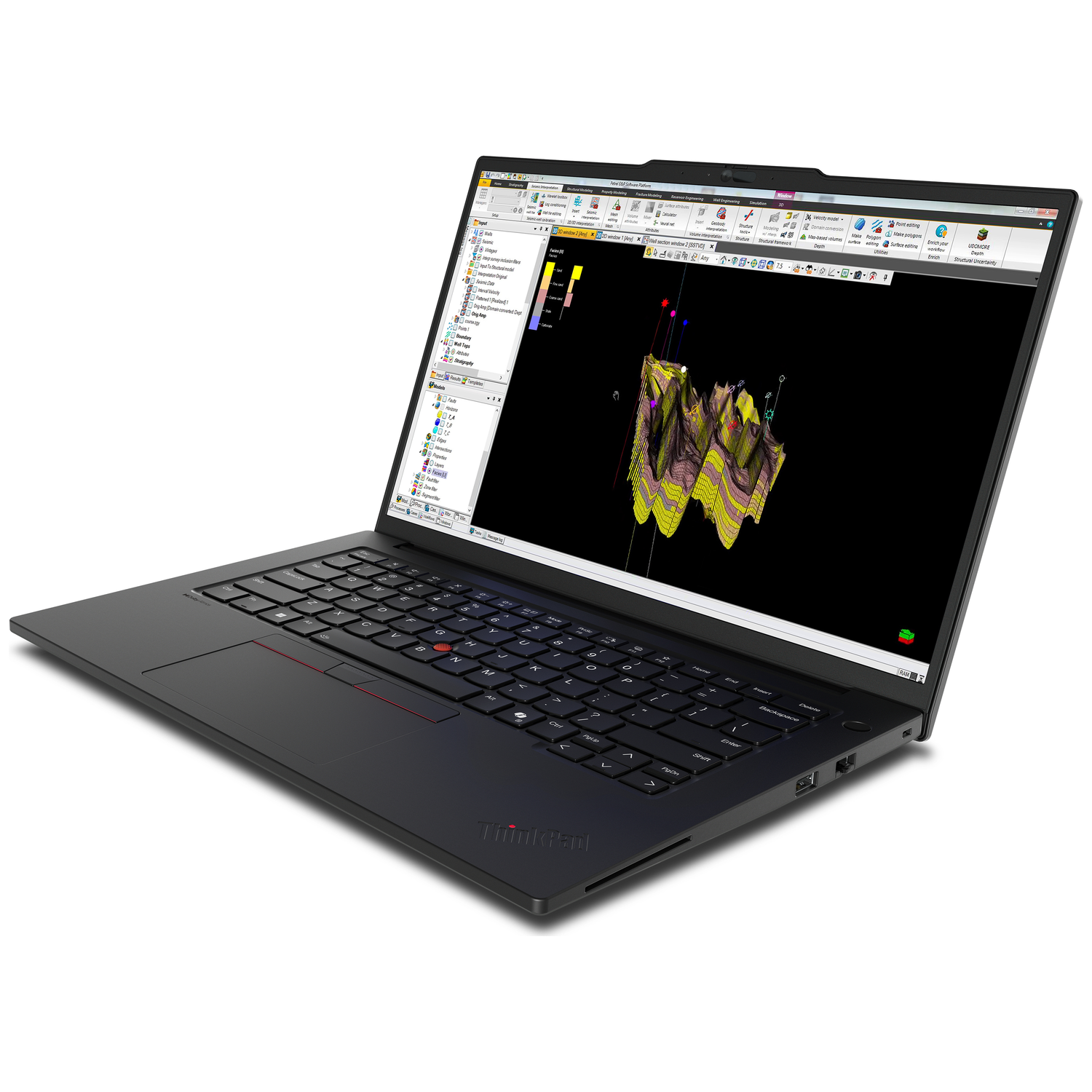 A black laptop displays a 3D visualization on its screen, with software menus to the side.