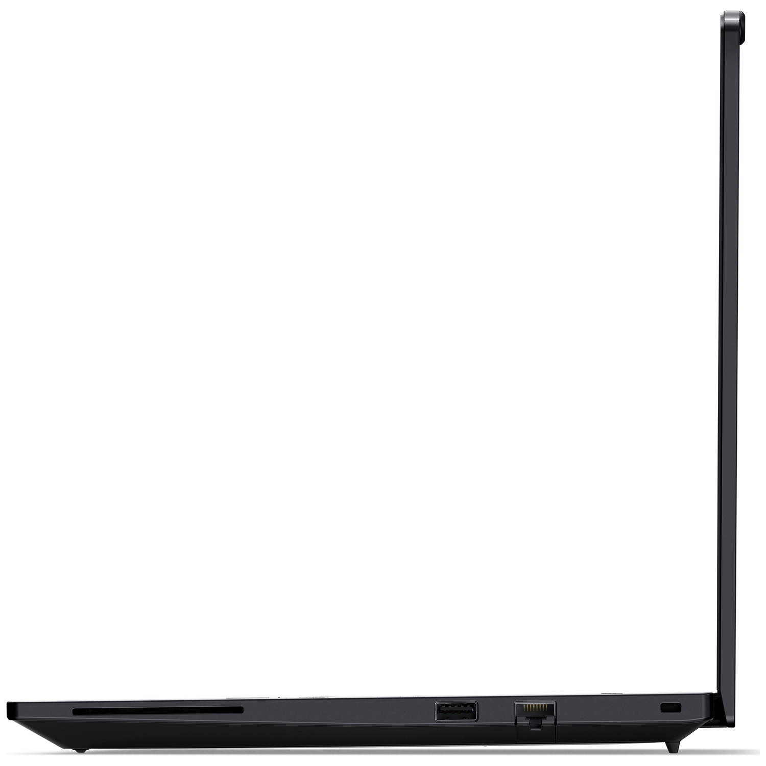 Black laptop, side view showing ports like USB and Ethernet.