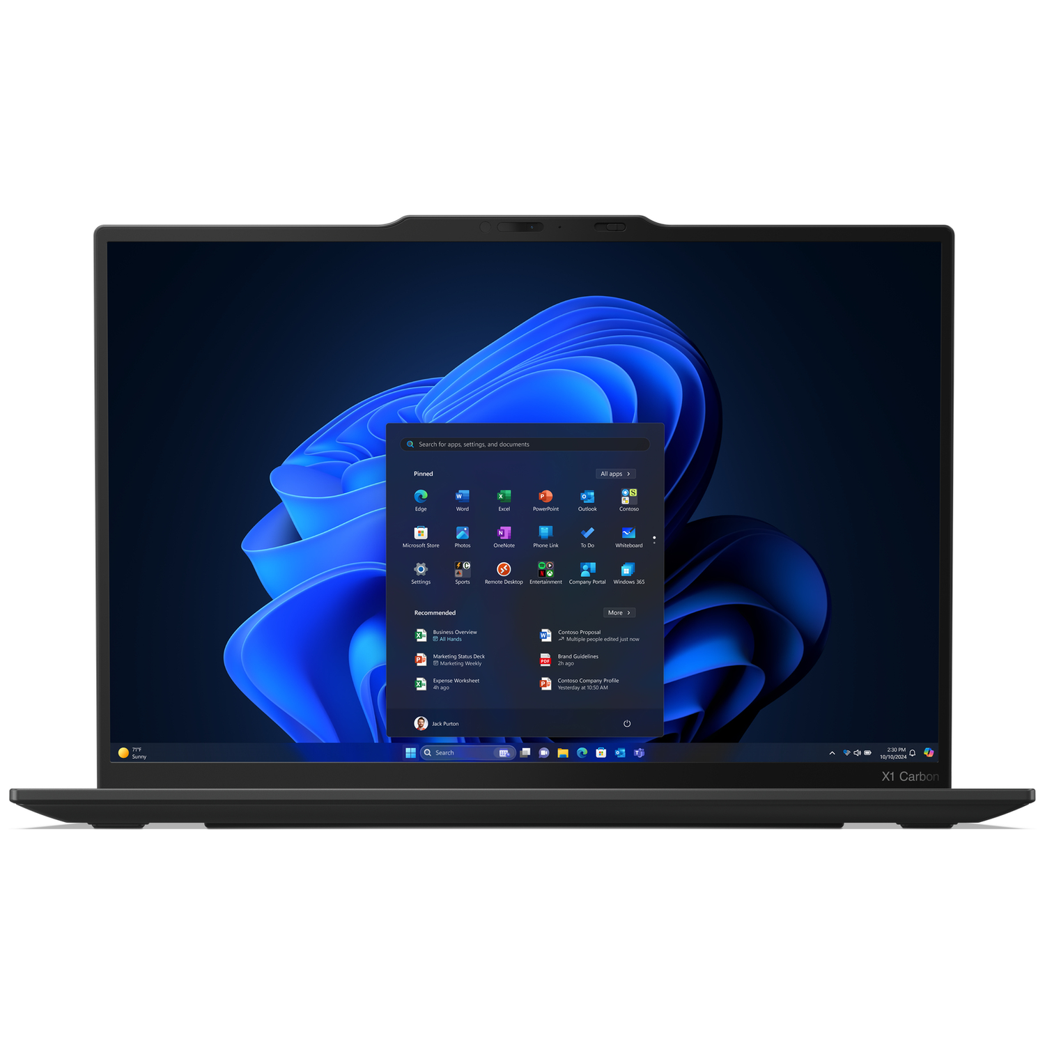Een zwarte laptop met een blauw Windows 11-achtergrond en open startmenu.