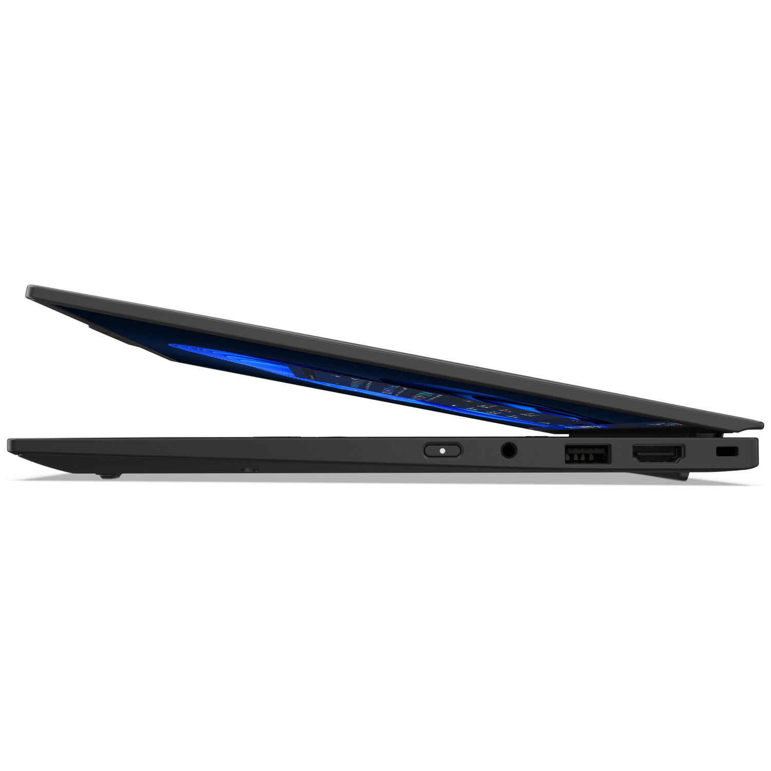 Een zwarte laptop met open scherm, zijaanzicht met poorten.