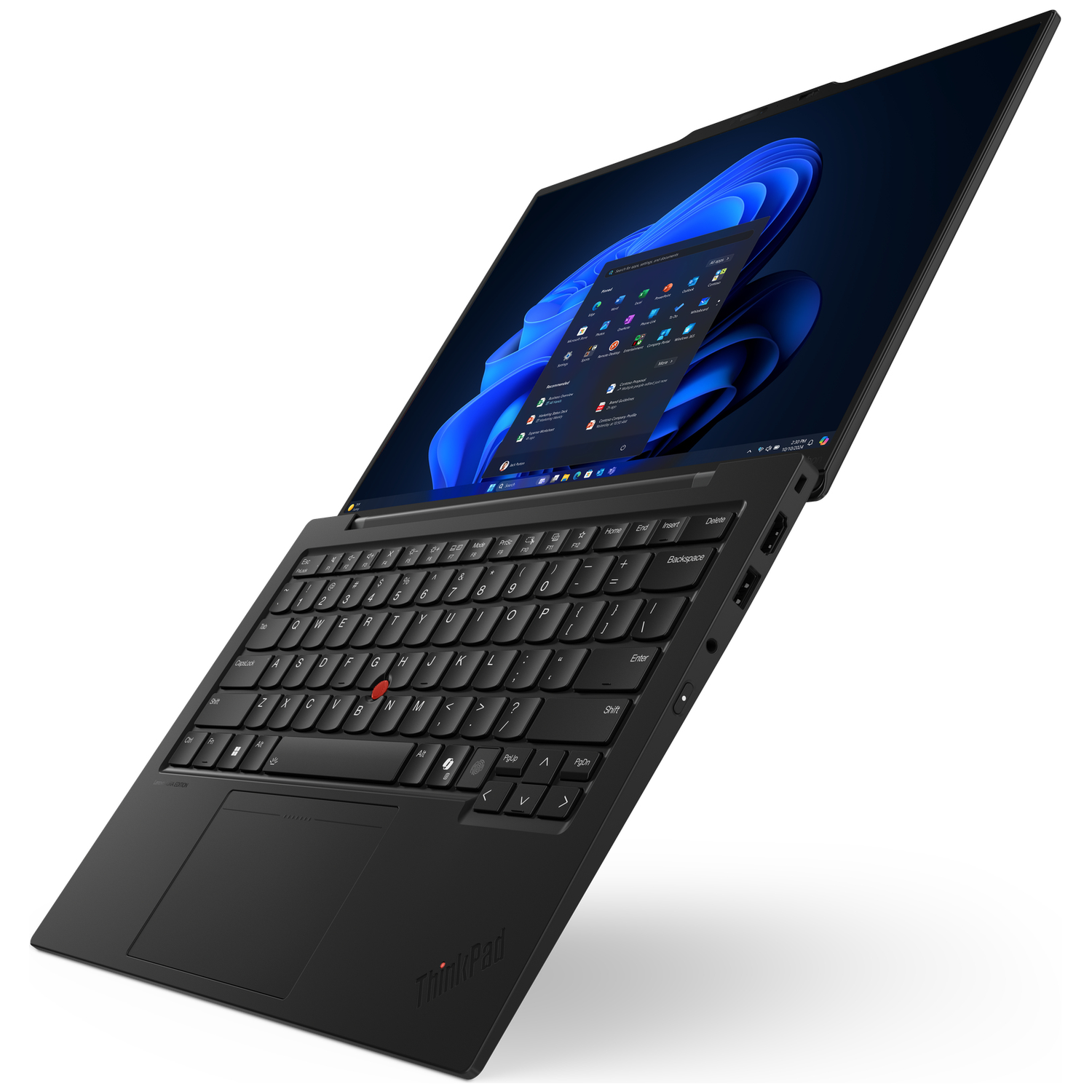 Een zwarte laptop met open scherm, waarop het Windows 11-besturingssysteem wordt weergegeven.