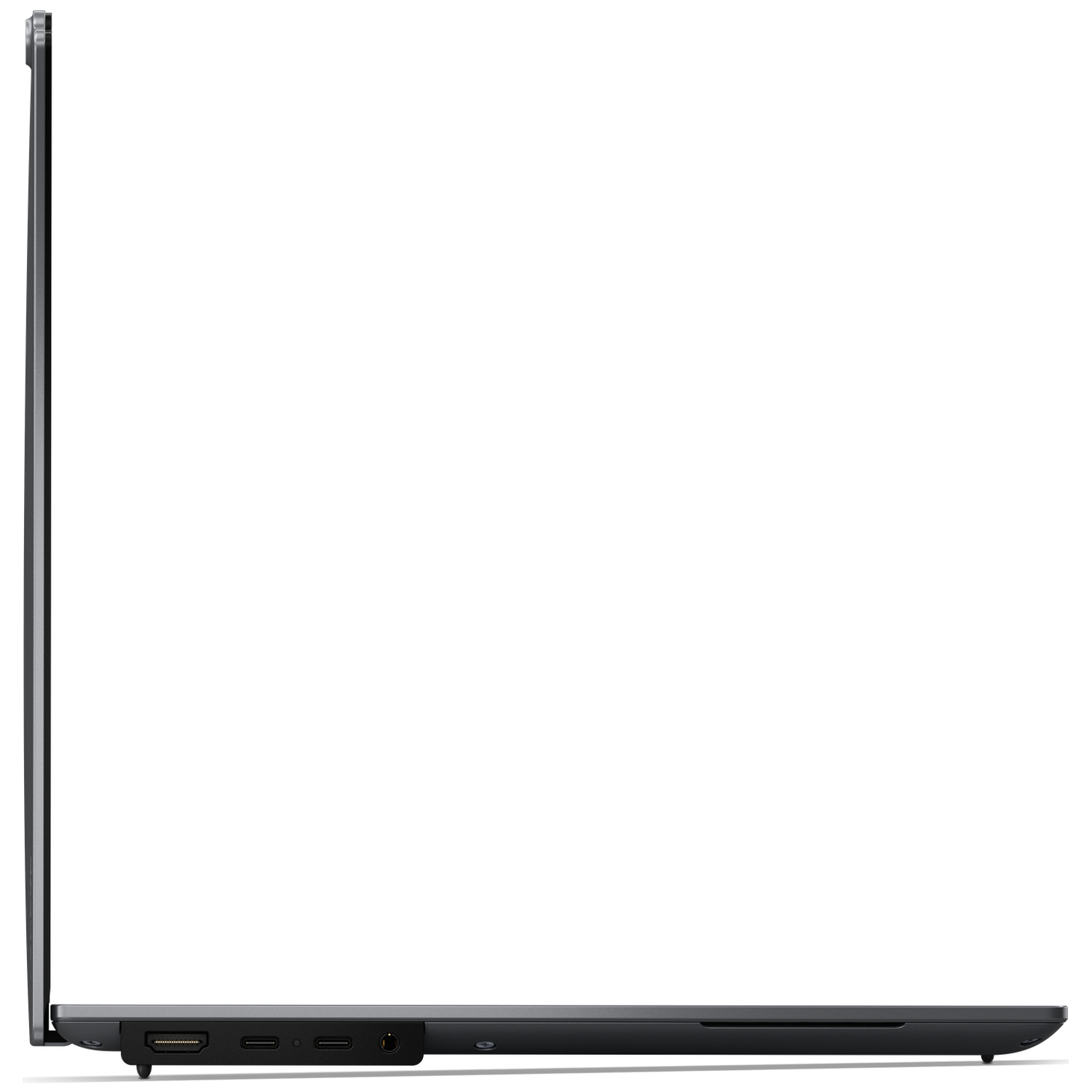 Zijaanzicht van een donkere laptop met poorten: HDMI, USB-C, audio-aansluiting.