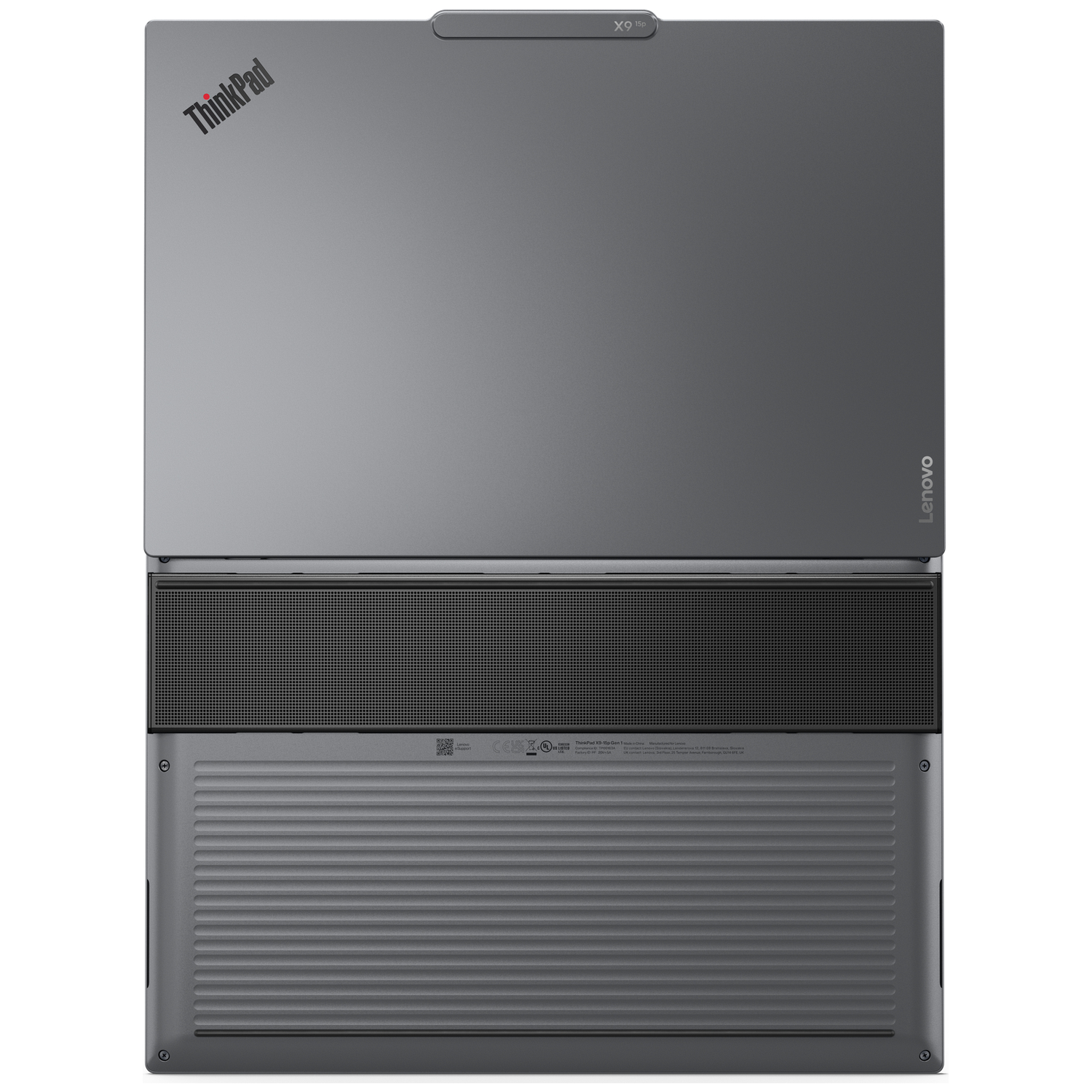 Grijze laptop, onderkant naar boven, met ThinkPad en Lenovo logo's.