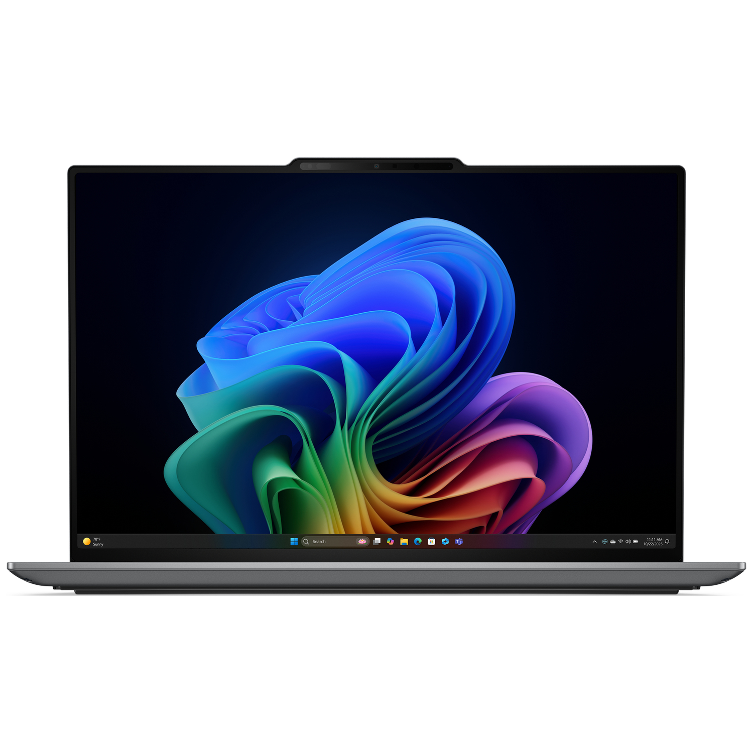 Een gesloten laptop met een kleurrijke achtergrond en taakbalk.