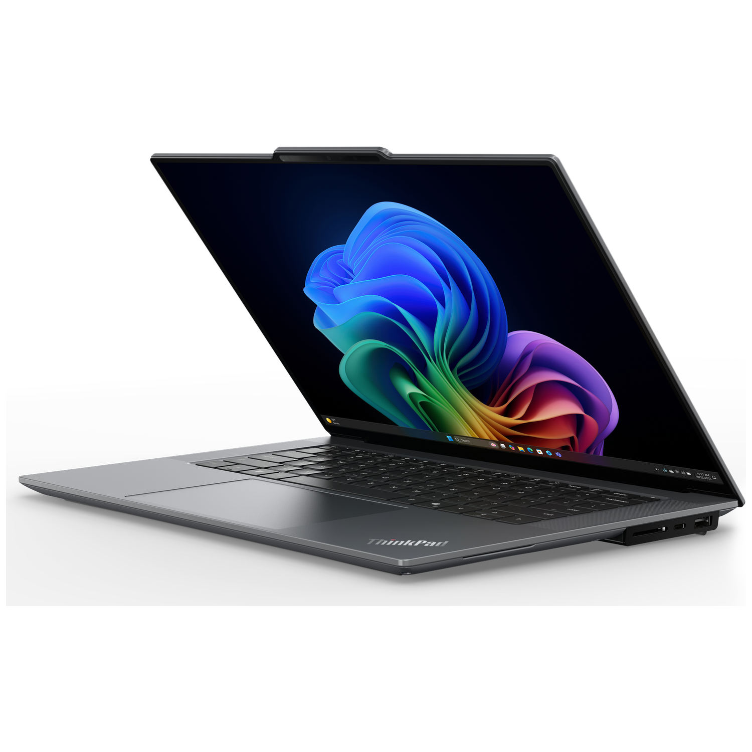 Een strakke, grijze ThinkPad laptop is open en toont kleurrijke bureaubladachtergrond.