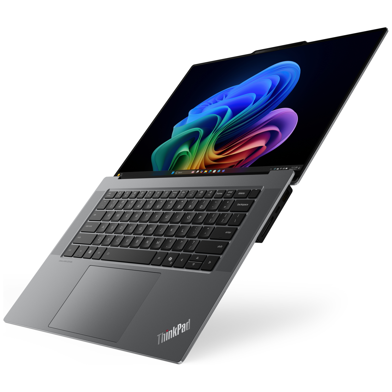 Een grijze ThinkPad laptop met een kleurrijke, verlichte achtergrondafbeelding.