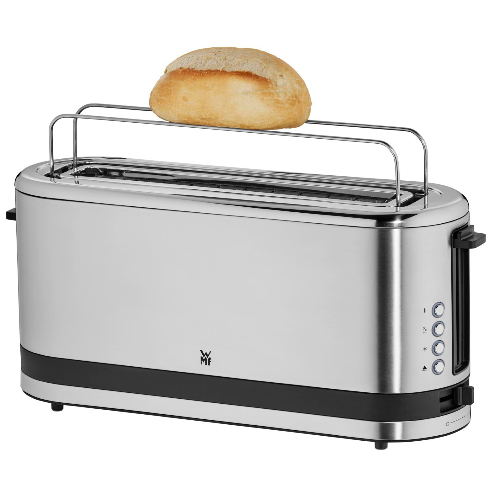 Ein silberner Toaster mit einem Brötchen auf dem Aufwärmständer.