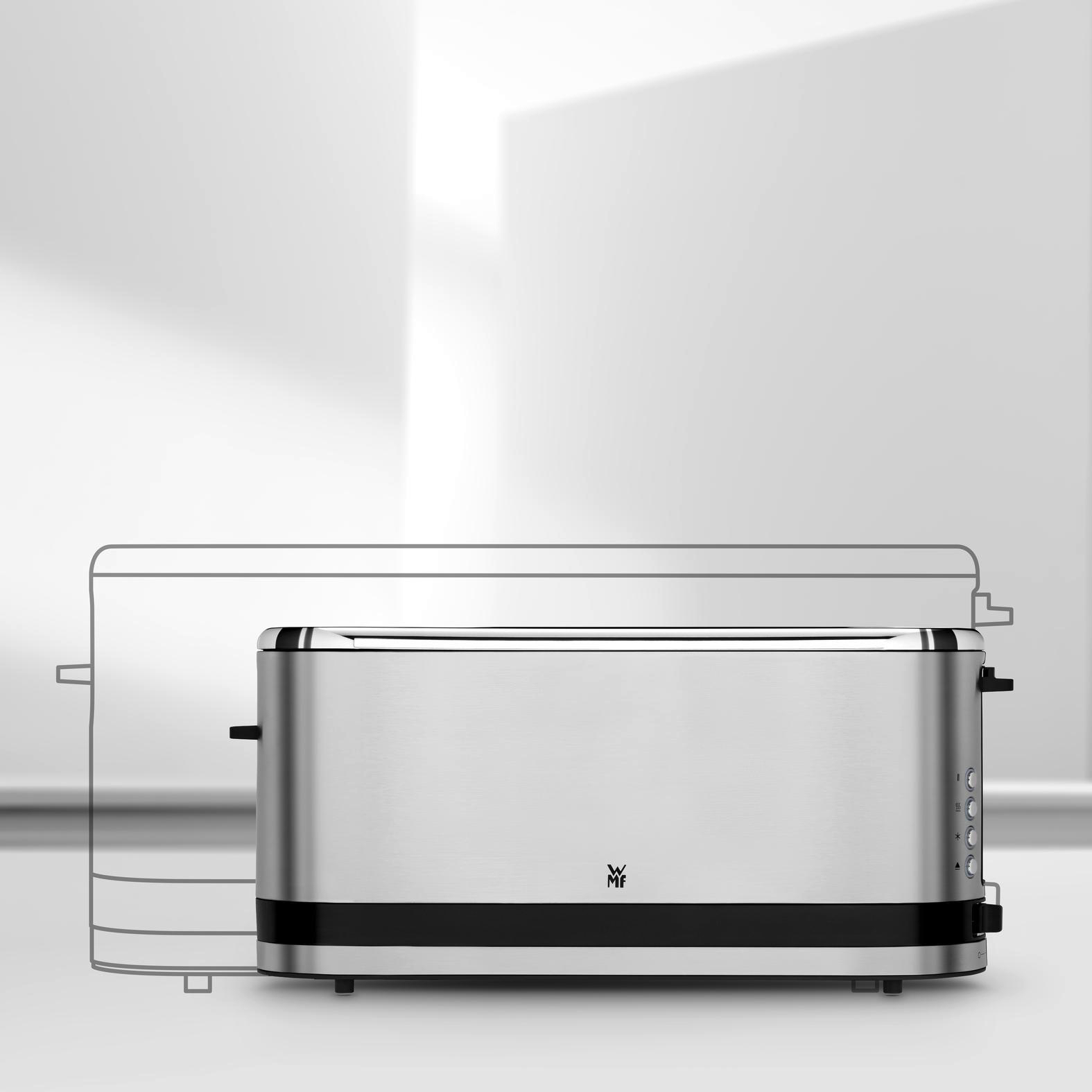Ein silberner Toaster mit schwarzem Sockel steht vor einer Skizze eines Toasters.