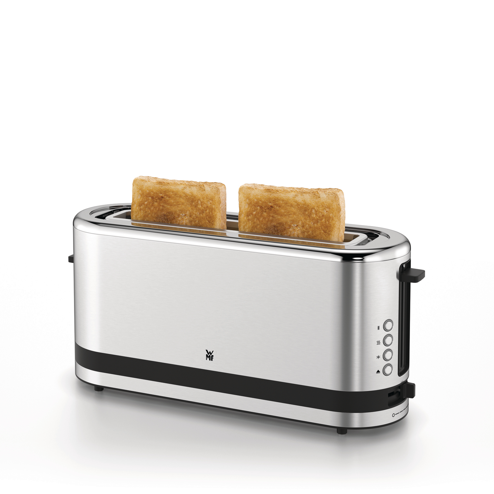 Ein silberner Toaster mit zwei goldenen Toastbrotscheiben.
