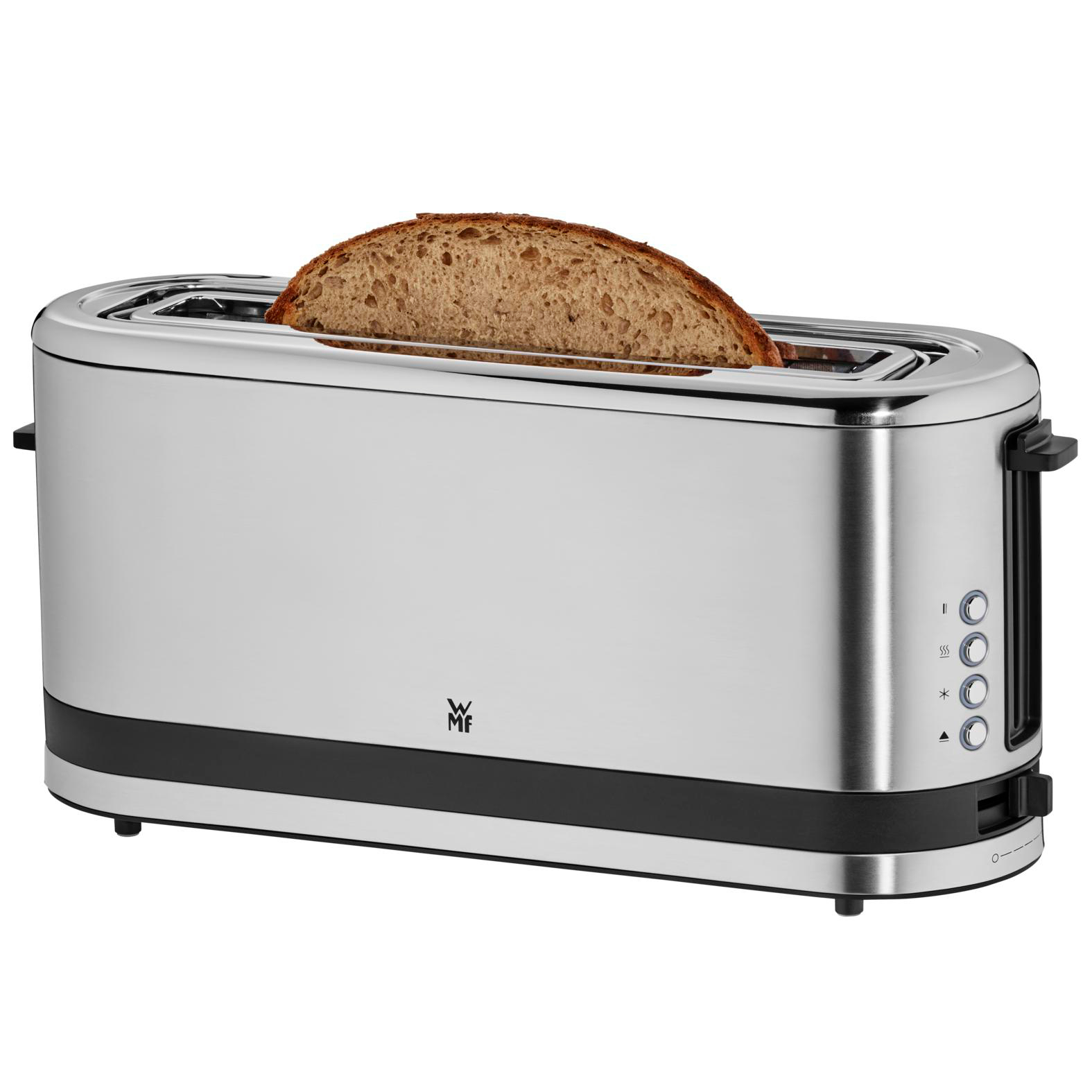 Ein silberner Toaster mit einem Stück Brot, das herausragt.
