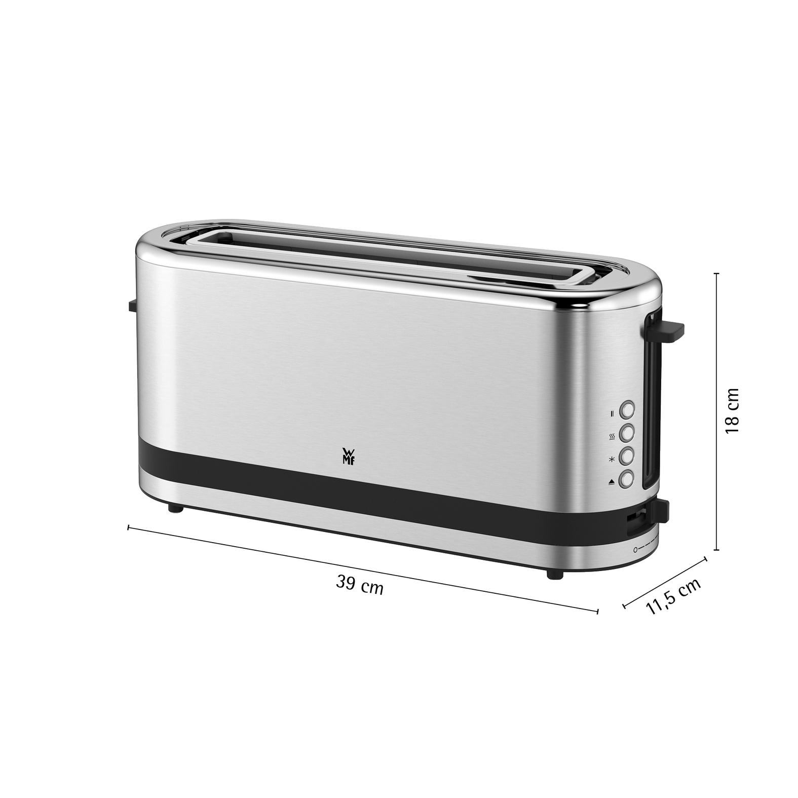 Ein silberner Miele-Toaster mit schwarzen Akzenten. Maße: 39x18x11,5 cm.