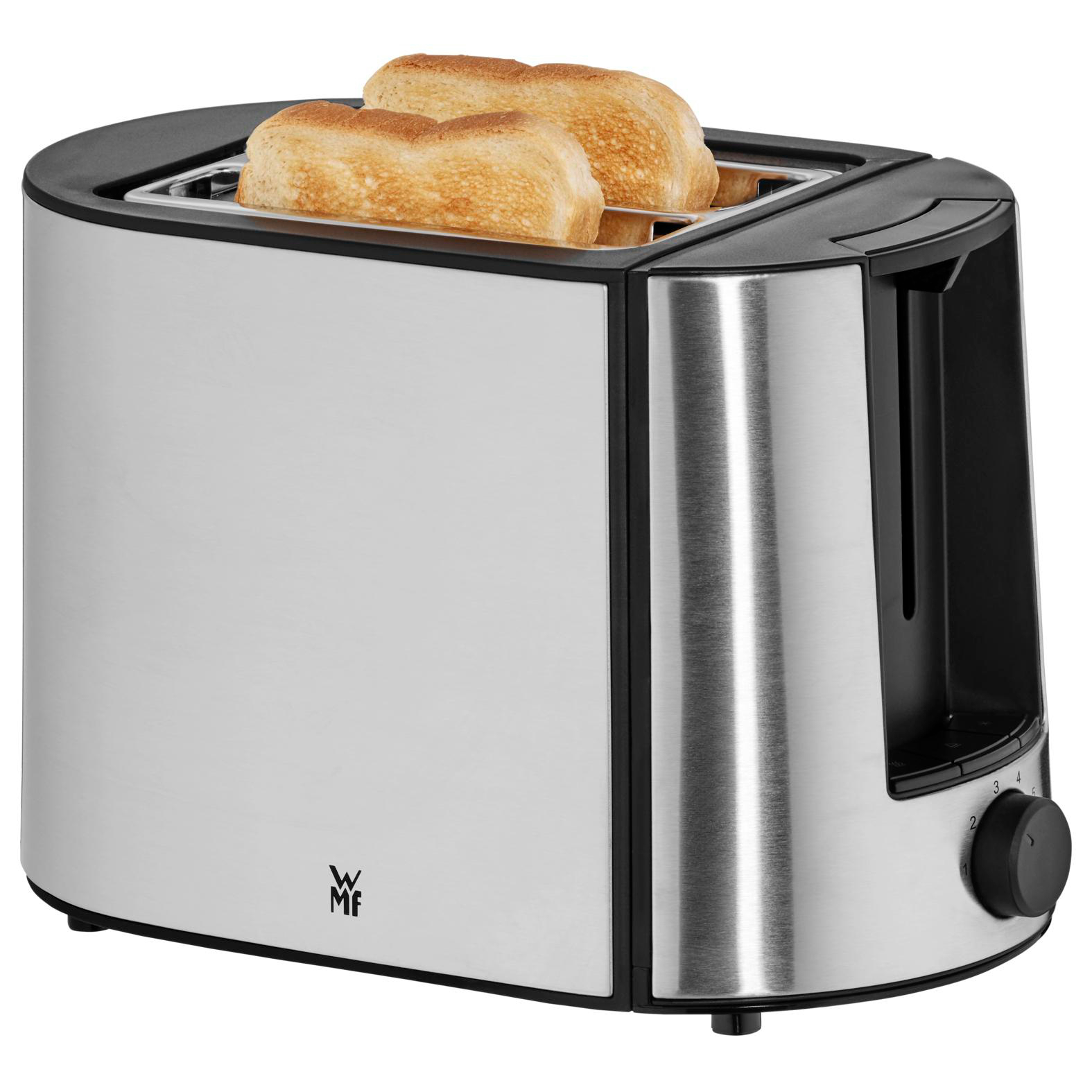 Ein silberner Toaster mit zwei gebräunten Toastscheiben, die aus den Schlitzen ragen.