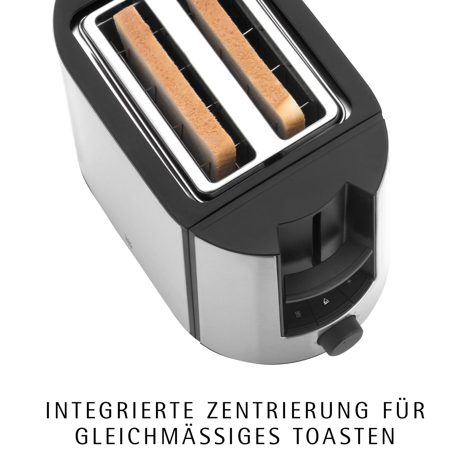 Ein silberner und schwarzer Toaster mit zwei Scheiben Toastbrot.
