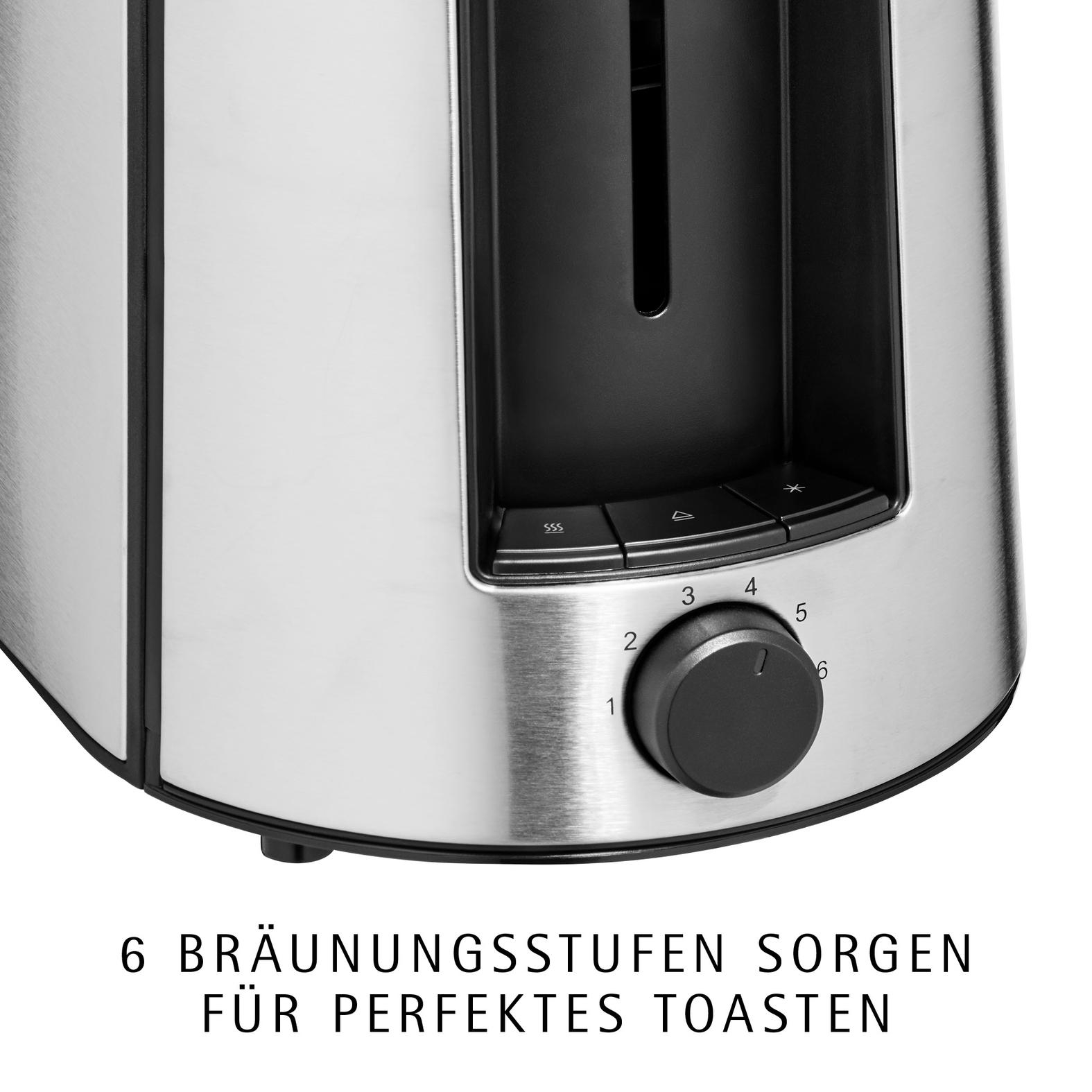 Nahaufnahme eines Silbernen Toasters mit Drehregler und Tasten. 6 Bräunungsstufen.