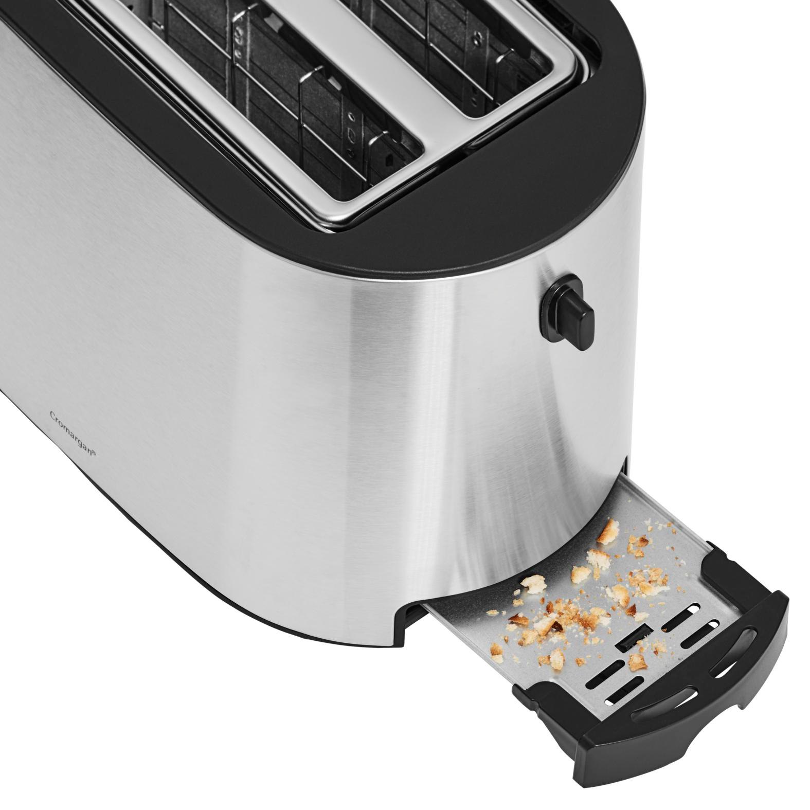 Ein silberner Toaster mit Krümeln in der Krümelschublade.