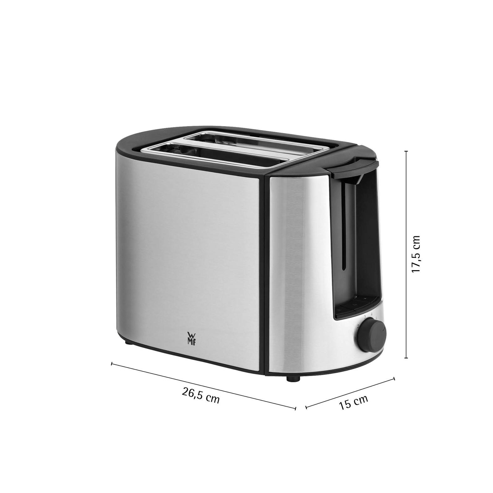 Edelstahl-Toaster mit zwei Schlitzen, schwarzem Oberteil und Bedienelement.