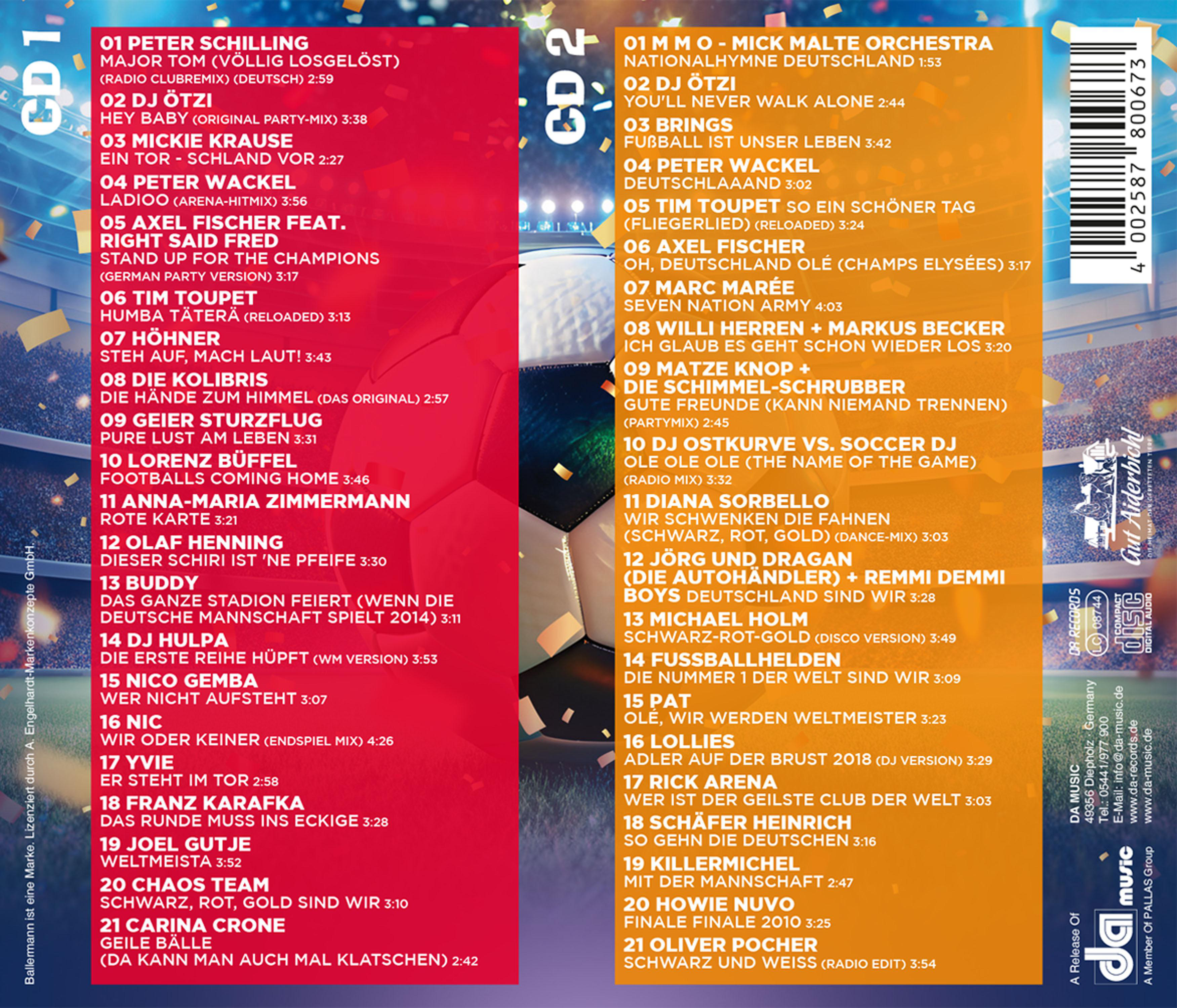 Cover einer Doppel-CD mit Songtiteln und Künstlernamen auf rotem und orangem Hintergrund.