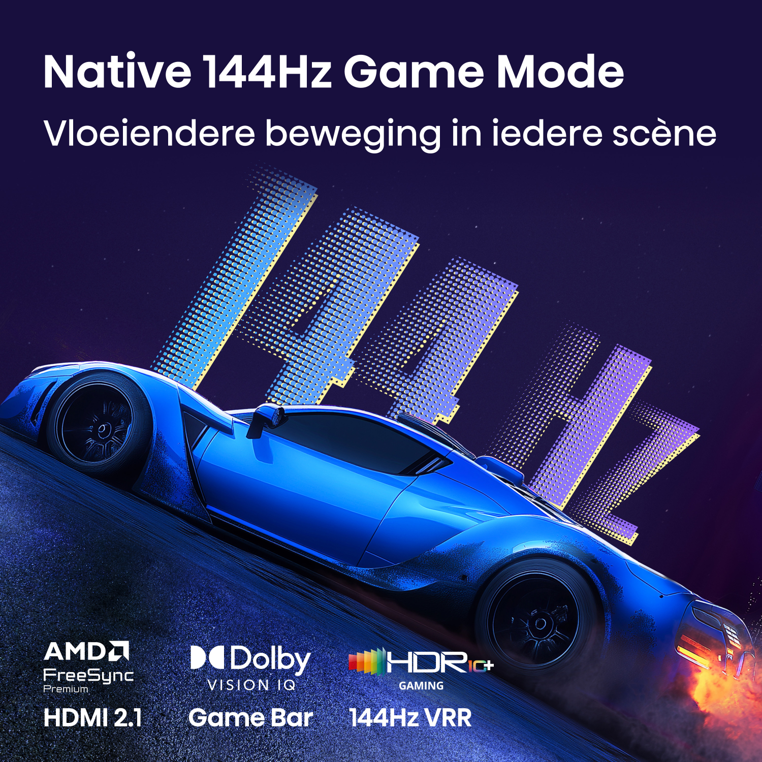 Blauwe raceauto met "144Hz Game Mode" tekst en gaming logo's.