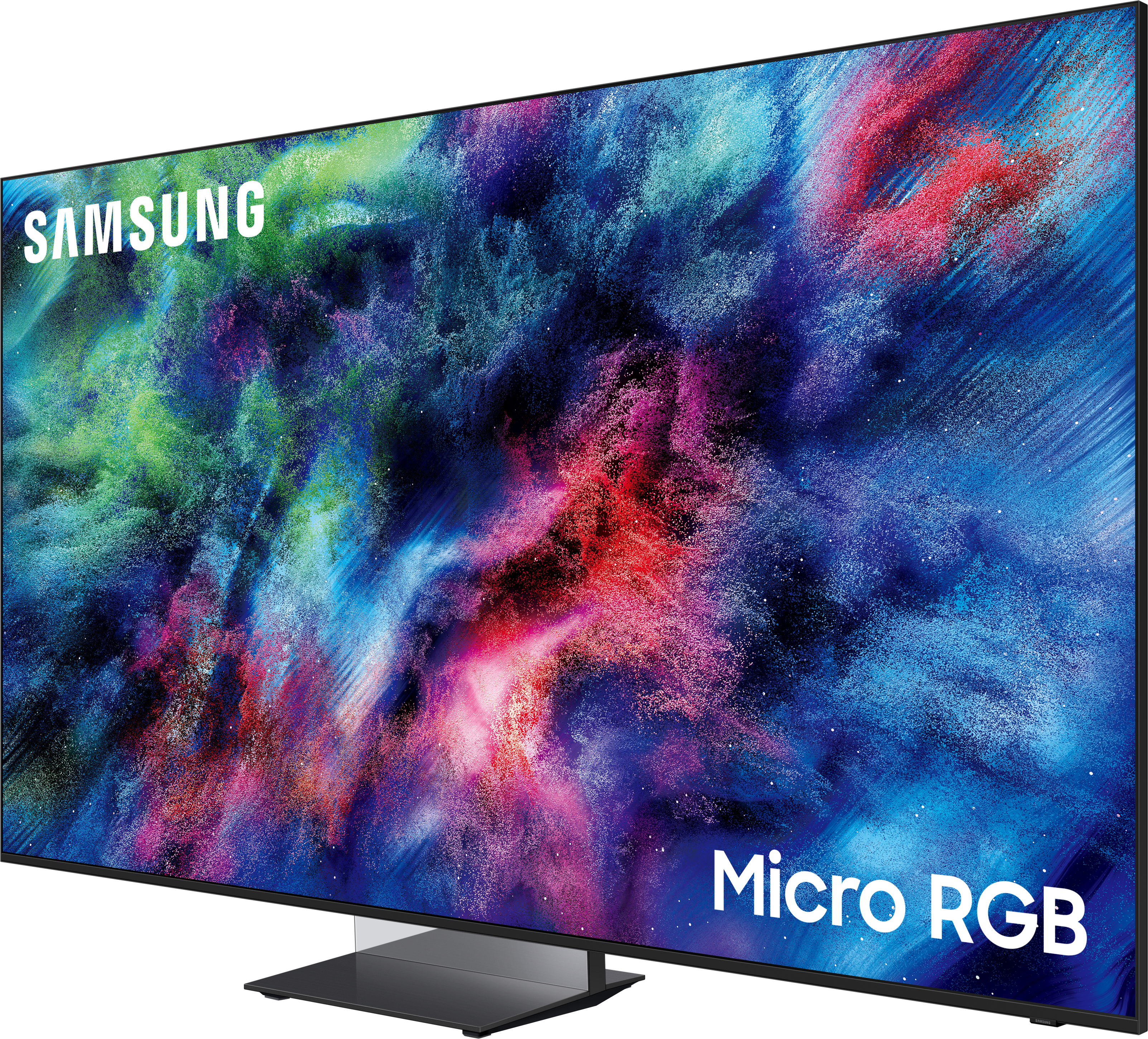 Samsung Micro RGB Fernseher mit bunter, staubiger Anzeige und schwarzem Fuß.
