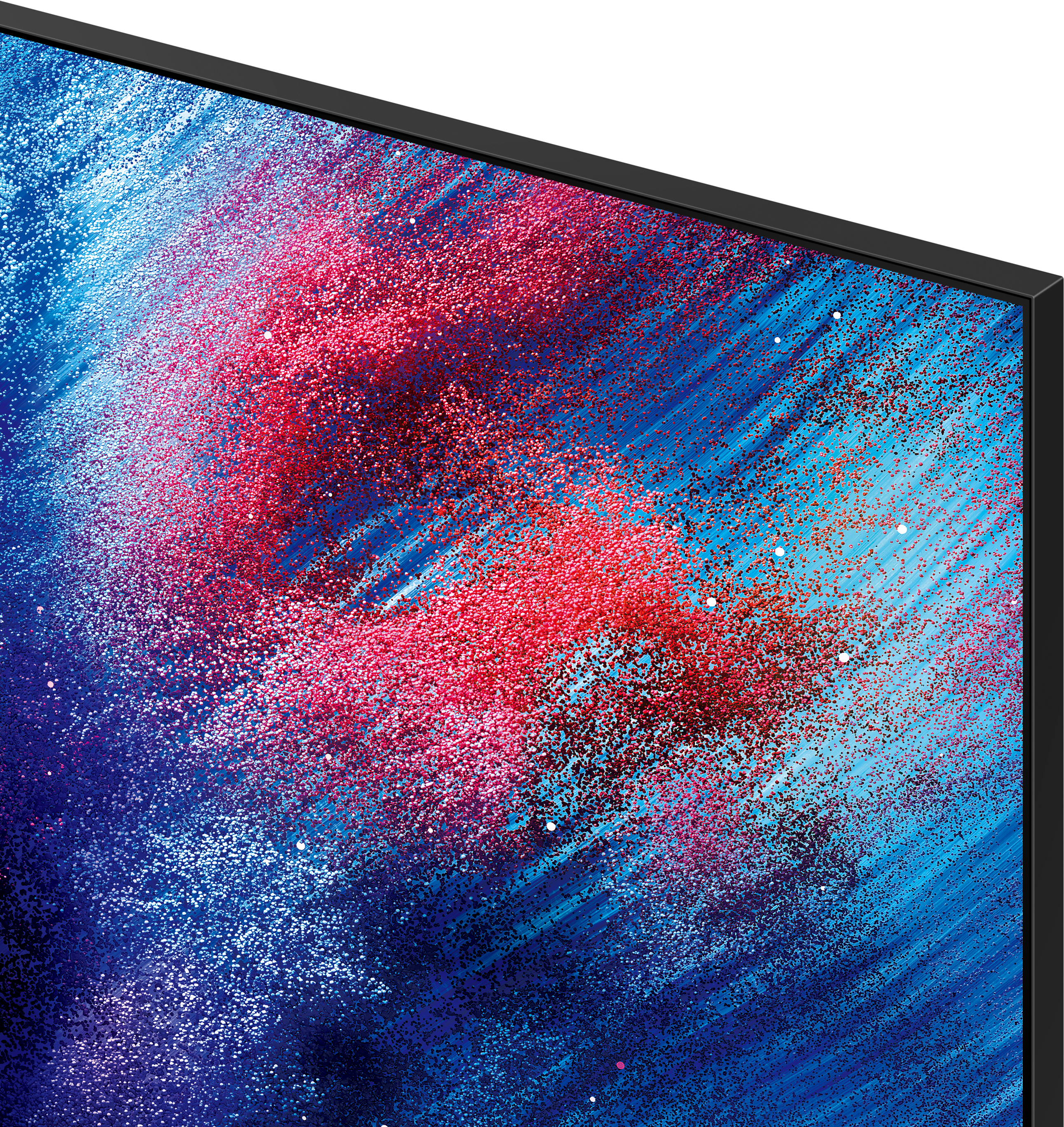 Abstrakte blaue und rote Glitzer-Explosion auf dunkelblauem Hintergrund.