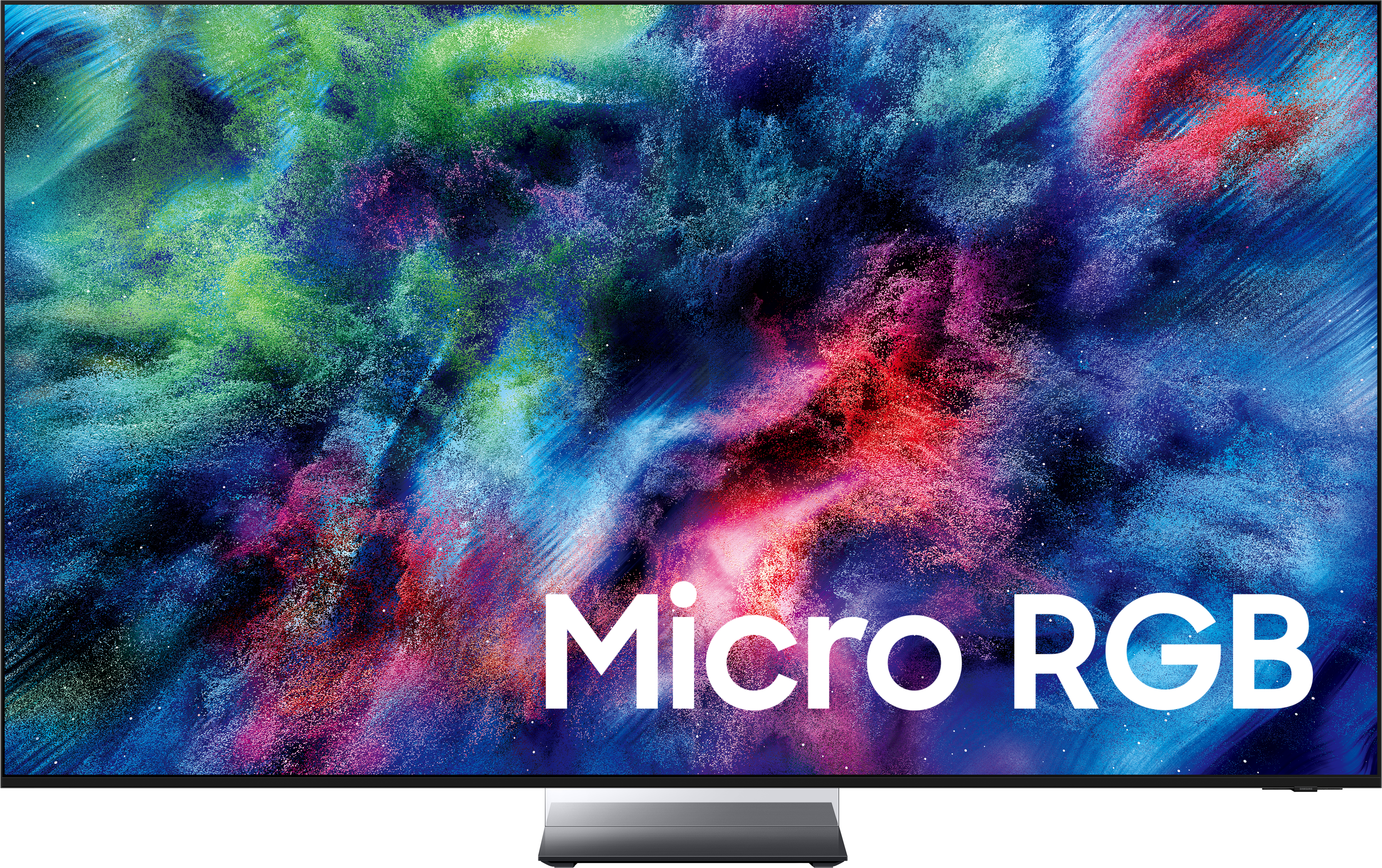 Ein moderner Fernseher mit einem bunten, abstrakten Hintergrund und dem Text „Micro RGB“.