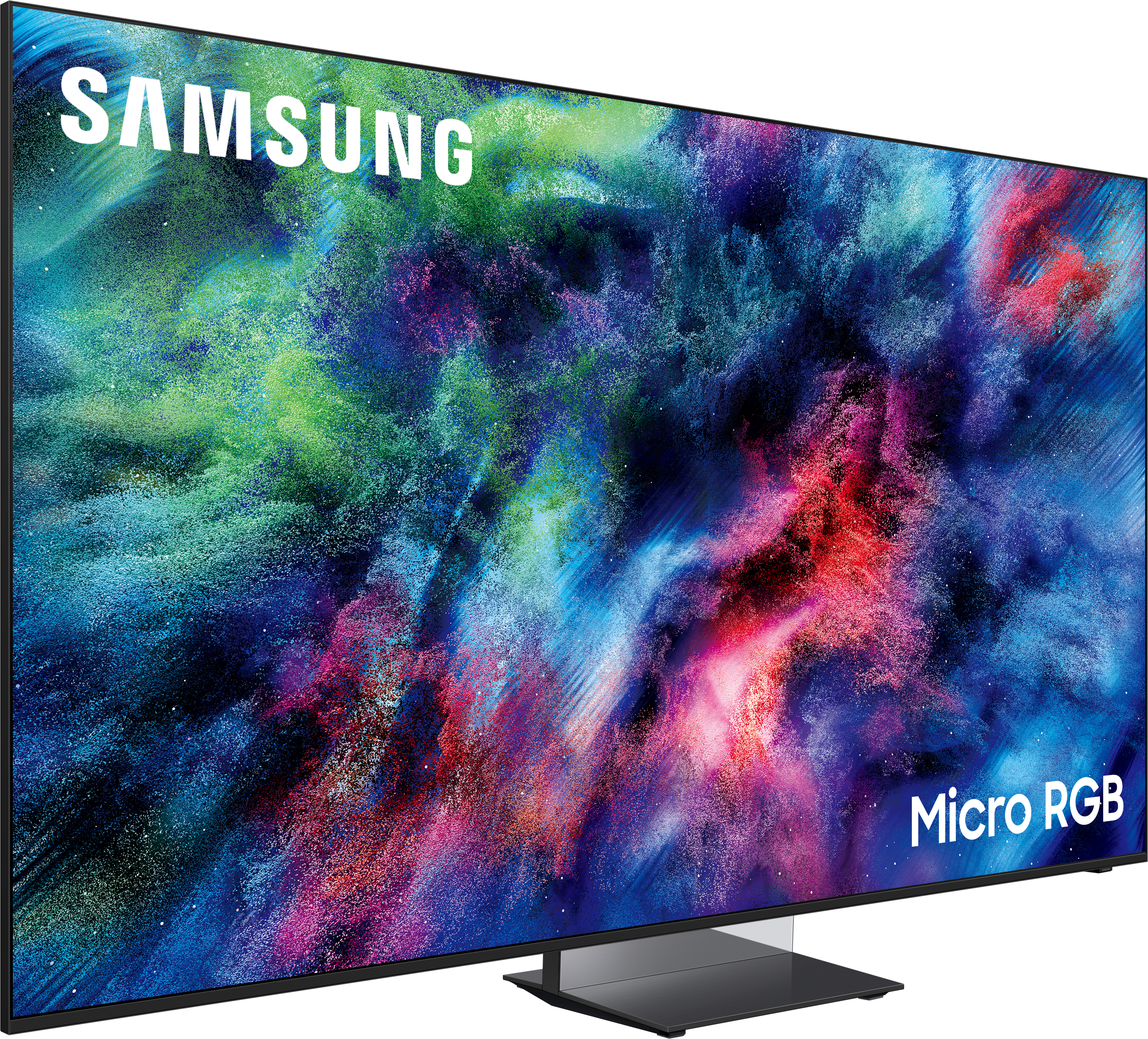 Samsung Fernseher mit bunter, abstrakter Darstellung und "Micro RGB" Schriftzug.
