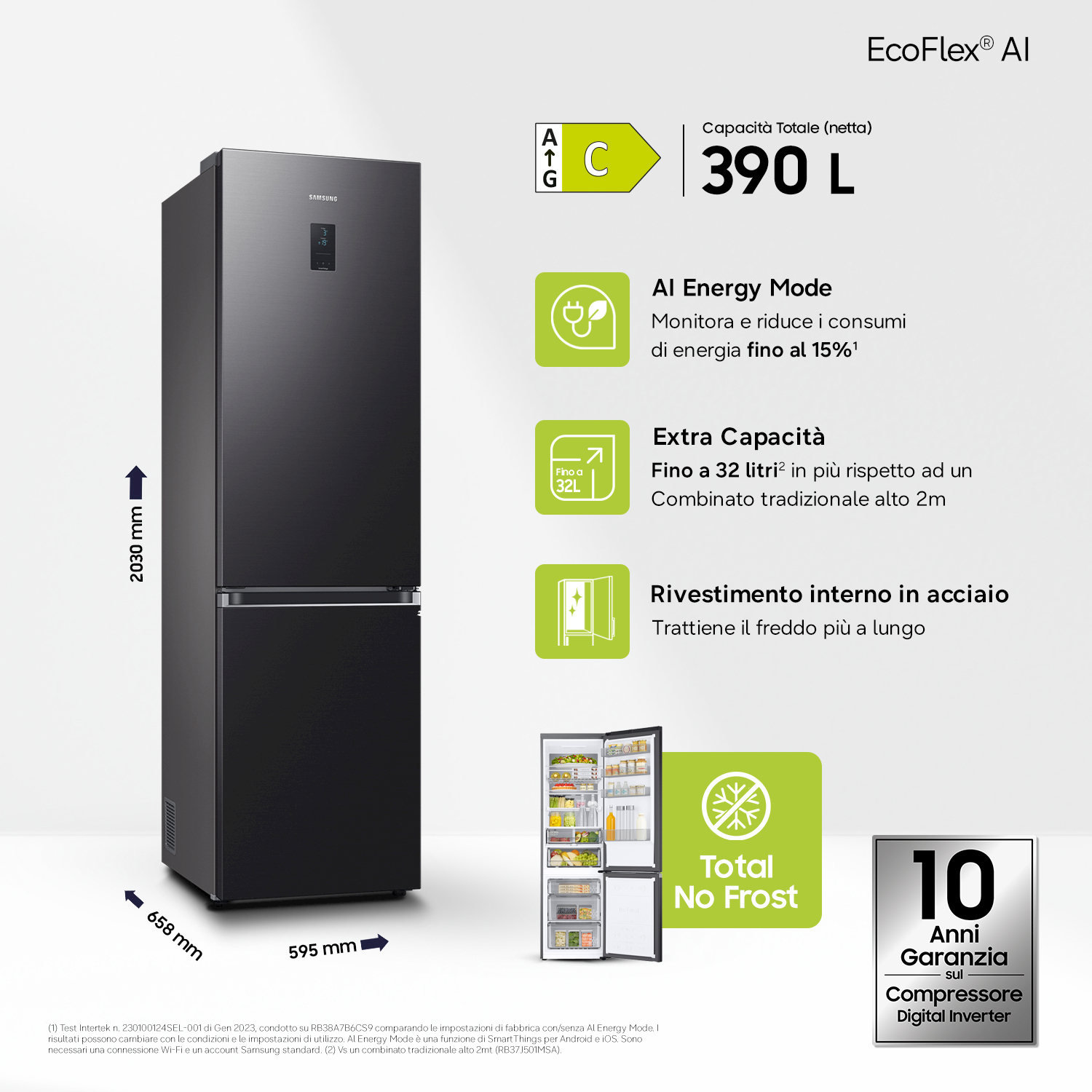Frigorifero Samsung nero, capacità 390L, classe C, Total No Frost.