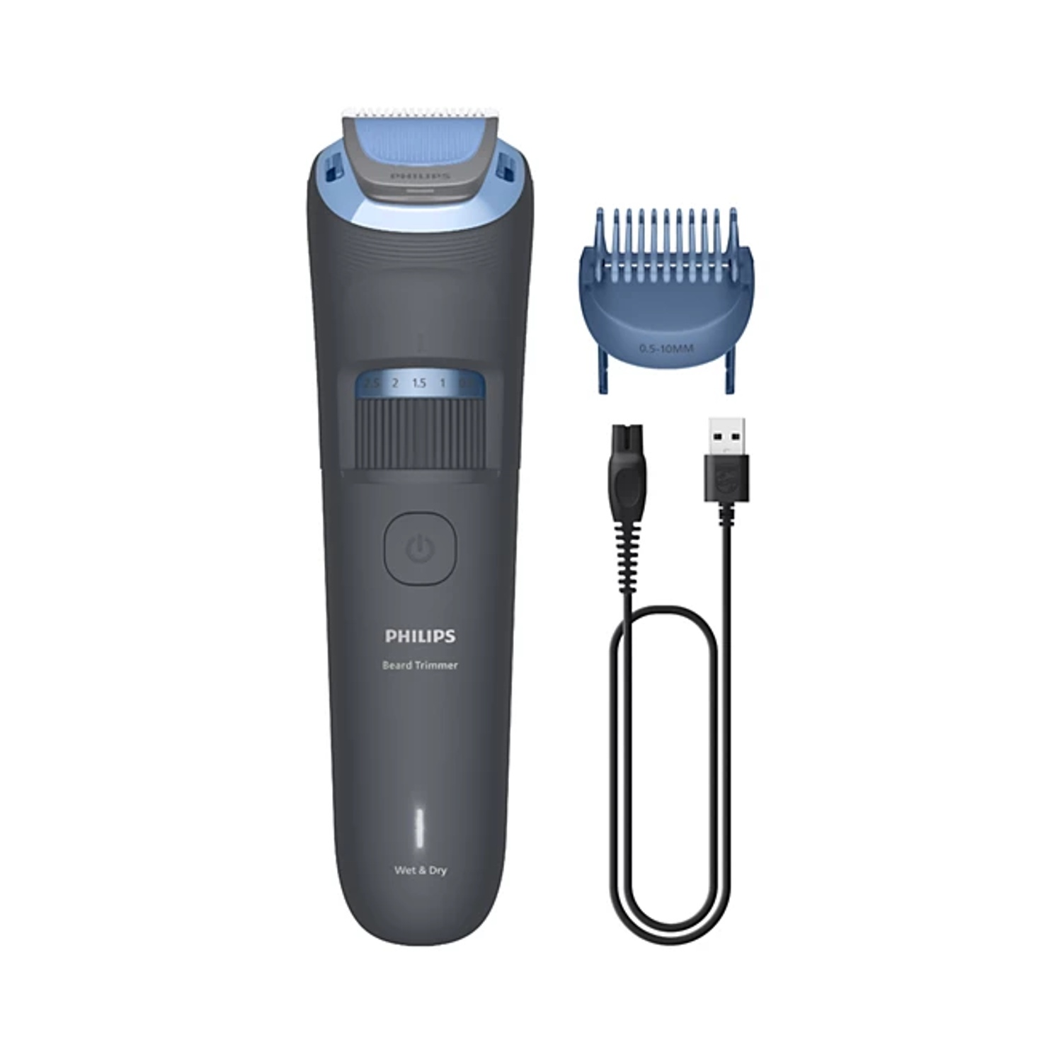 Un regolabarba Philips grigio con accessorio blu, cavo di ricarica e cavo USB.
