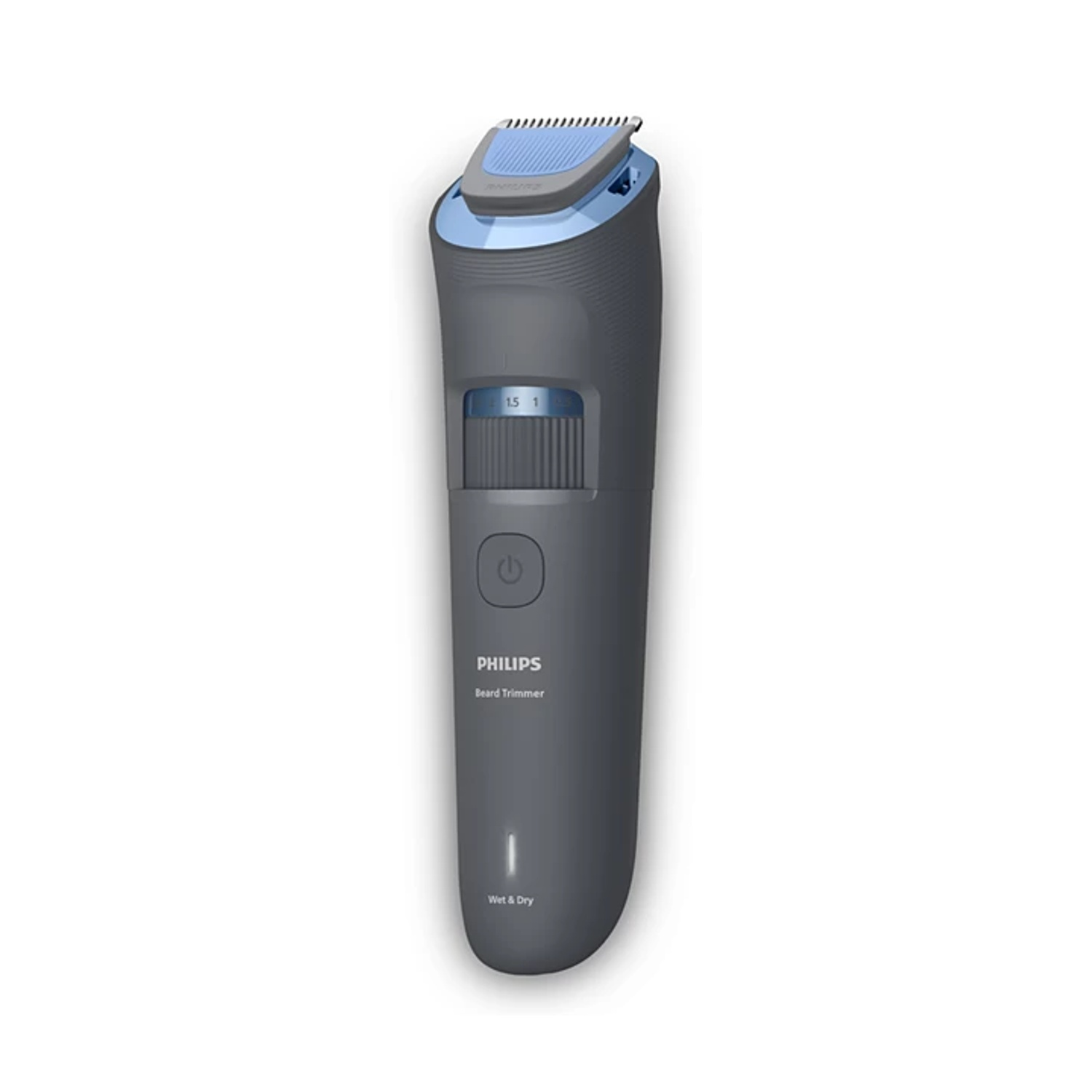 Regolabarba Philips grigio con dettaglio blu e ghiera.